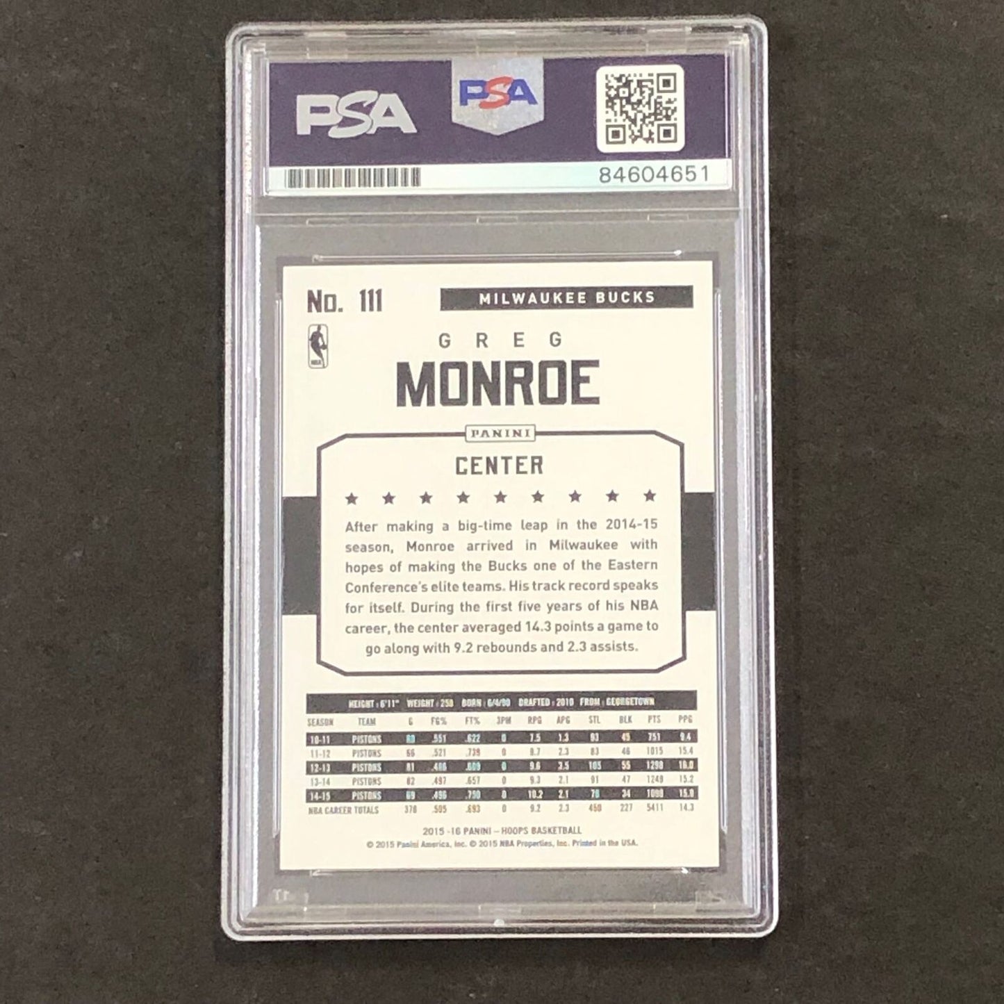 2015-16 NBA Hoops #111 Greg Monroe Signed Card AUTO 10 PSA/DNA Slabbed Bucks