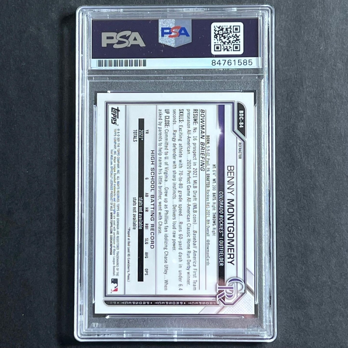 2021 Bowman Chrome #BDC-84 Benny Montgomery Signed Card PSA Slabbed Rockies