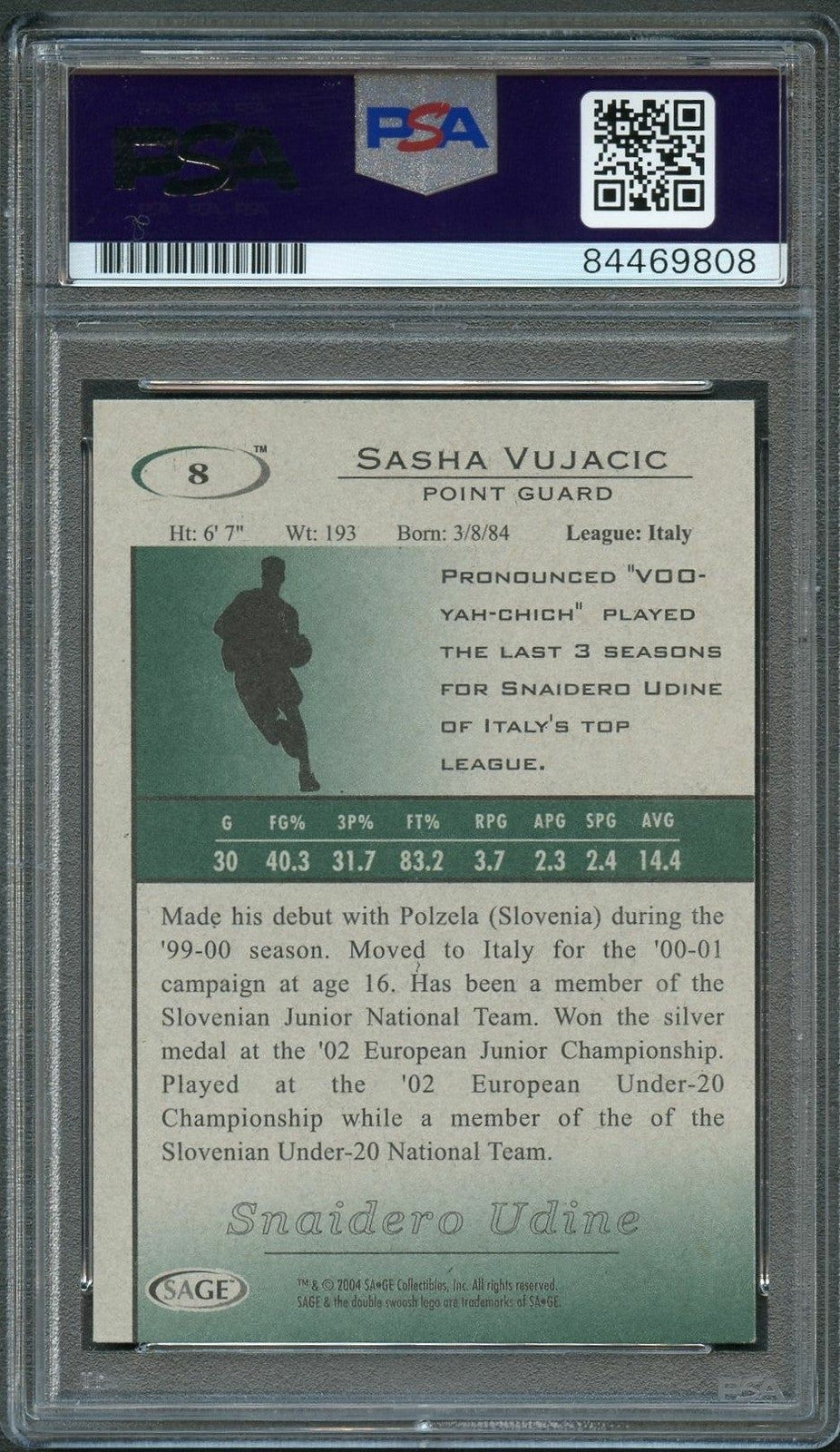 2004 SAGE Hit #8 Sasha Vujacic Signed Card AUTO PSA Slabbed