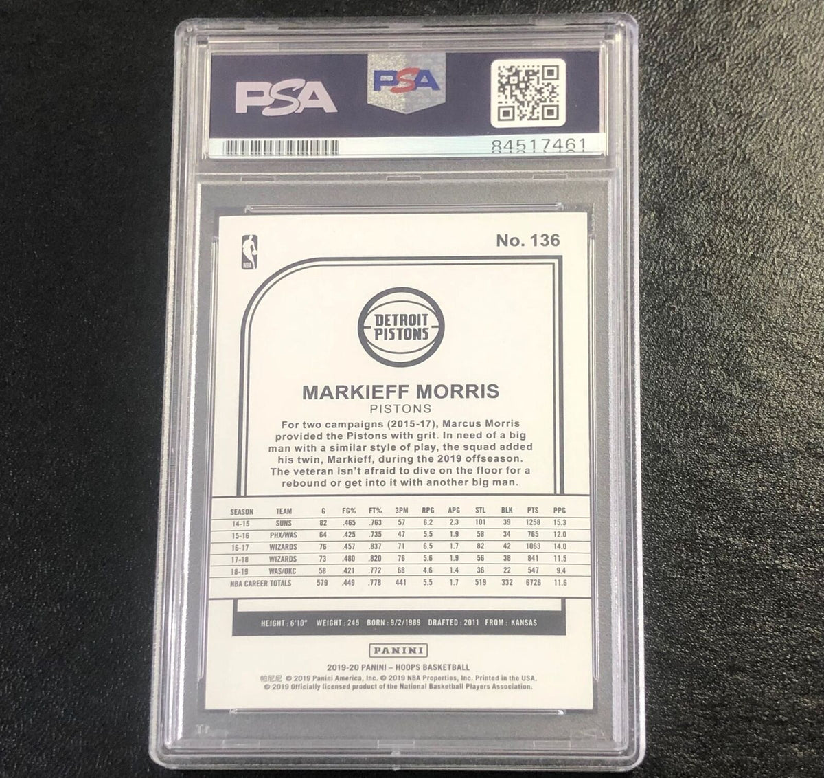 2019-20 NBA Hoops #136 Markieff Morris Signed Card AUTO PSA Slabbed Pistons