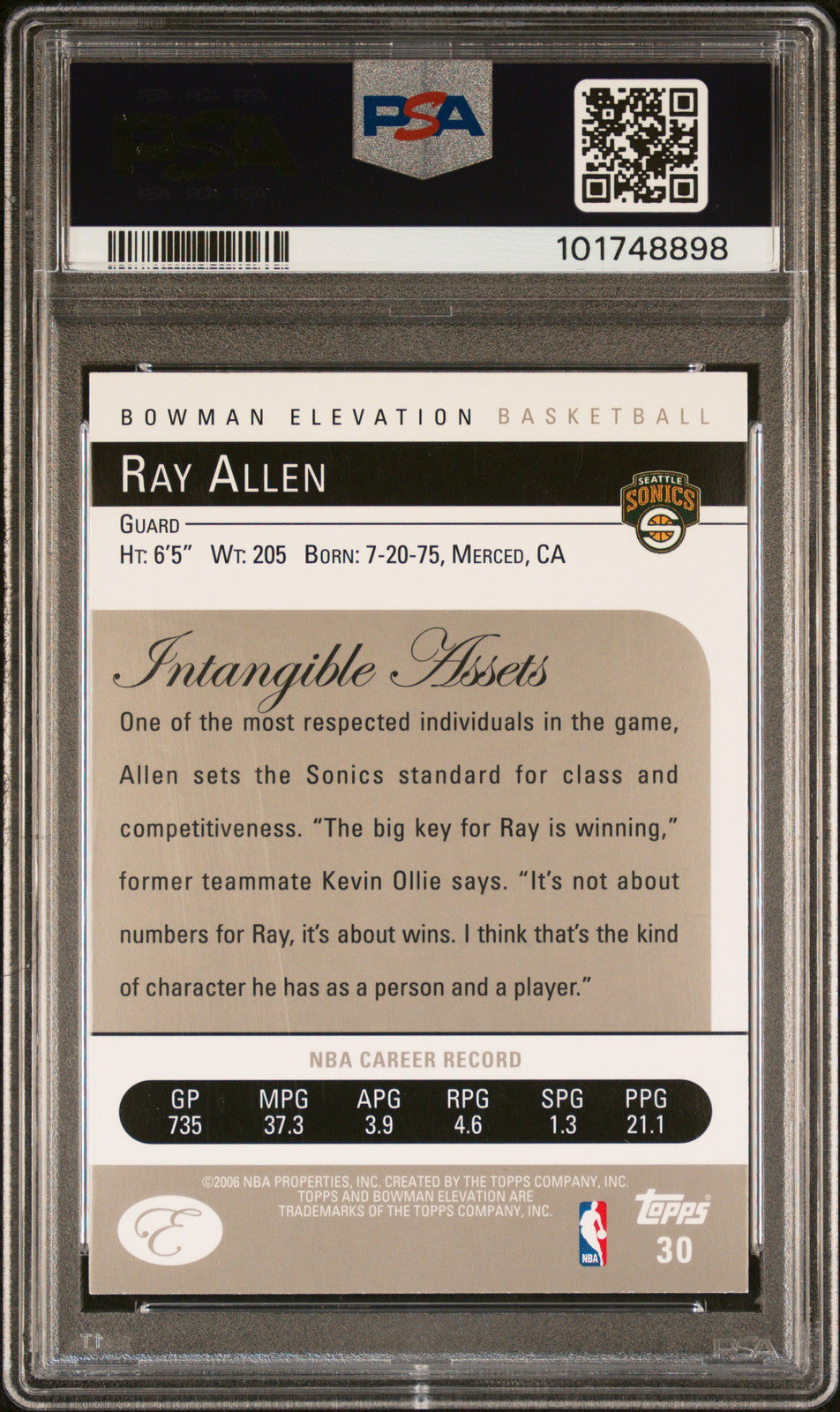 2006 Bowman Elevation #30 Ray Allen PSA A Auto 10