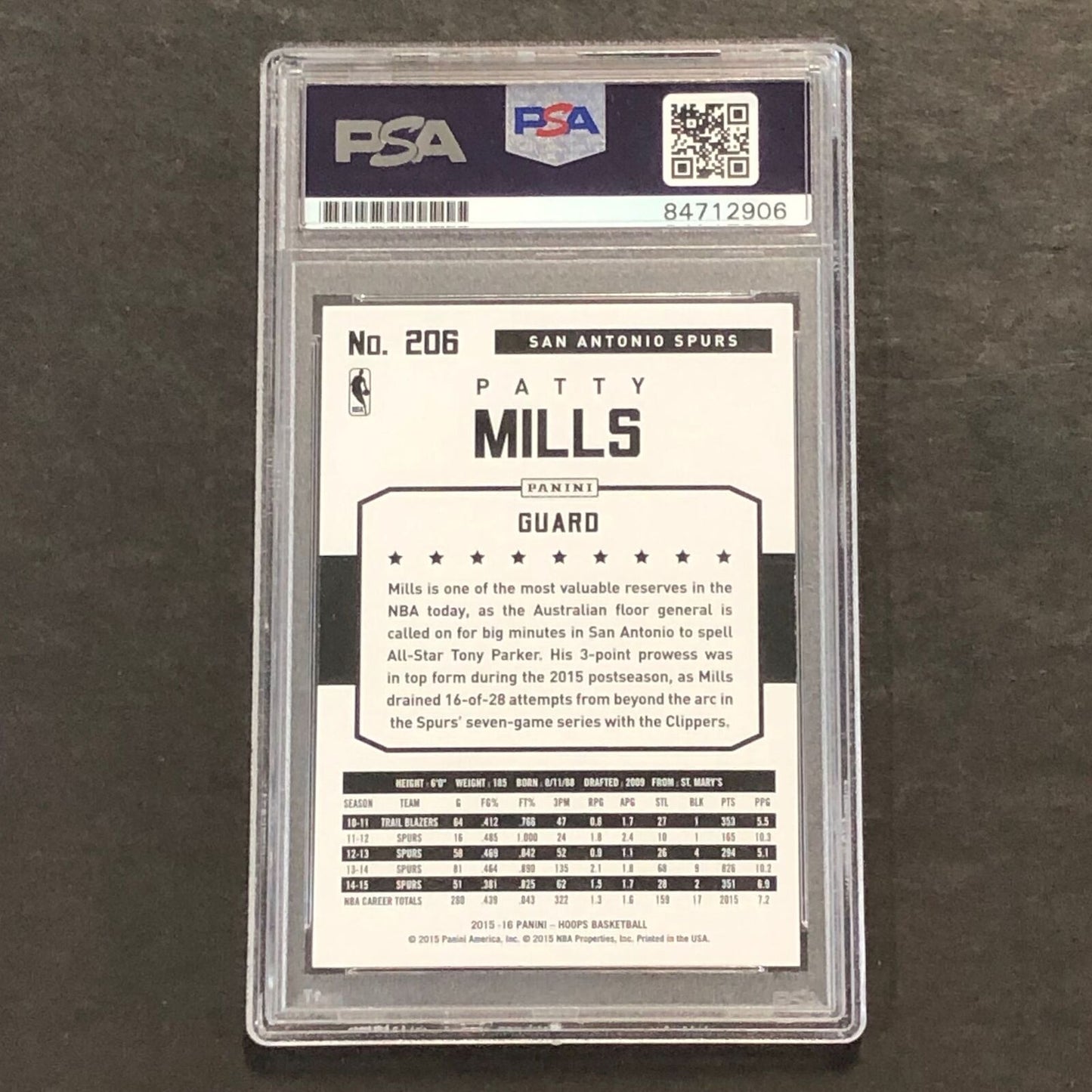 2015-16 NBA Hoops #206 Patty Mills Signed Card AUTO PSA Slabbed Spurs