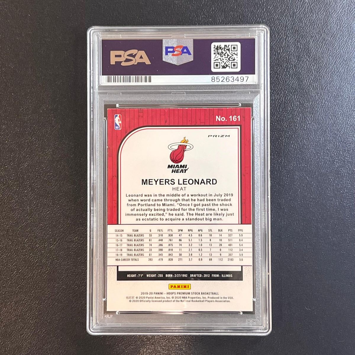 2019-20 Panini Hoops Premium Stock #161 Meyers Leonard Signed Card AUTO PSA Slab
