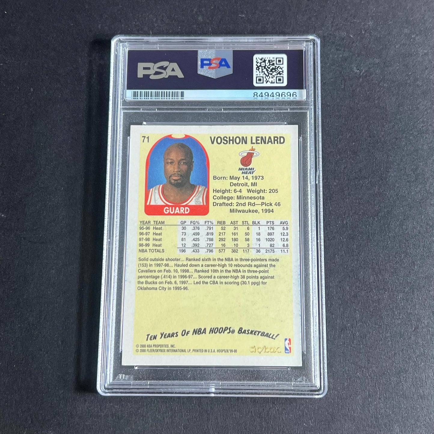 1999-2000 Skybox #71 Voshon Lenard Signed Card AUTO 10 PSA Slabbed Heat