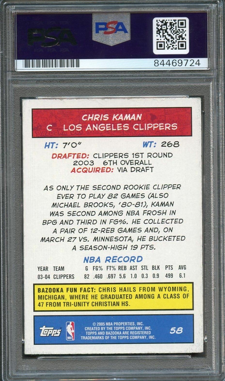 2004-05 Topps Bazooka #58 Chris Kaman Signed Card AUTO PSA Slabbed Clippers