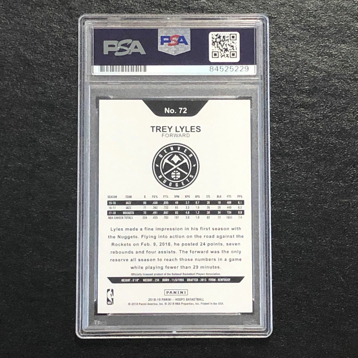 2018-19 NBA Hoops #72 Trey Lyles Signed Card Auto 10 PSA Slabbed Nuggets