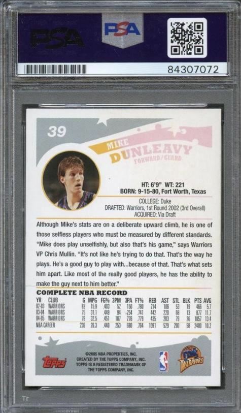 2005 TOPPS #39 MIKE DUNLEAVY Signed Card AUTO PSA Slabbed
