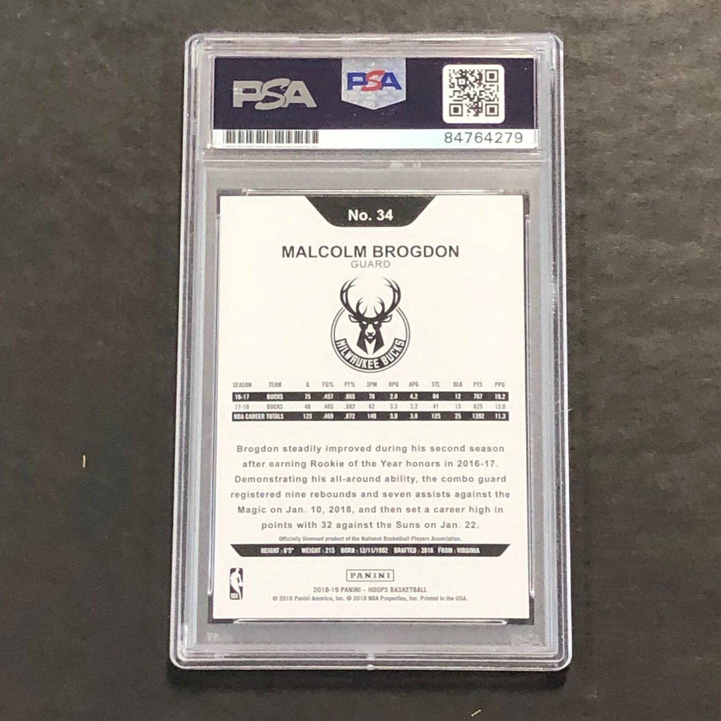 2018-19 NBA Hoops #34 Malcolm Brogdon Signed Card AUTO PSA/DNA Slabbed Bucks