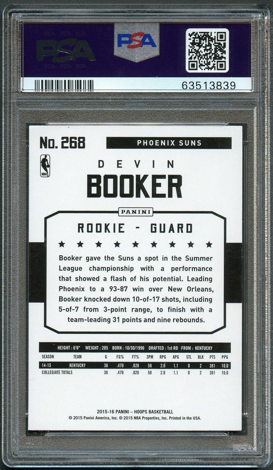 2015-16 NBA Hoops #268 Devin Booker AUTO Signed card PSA Slabbed Autographed RC