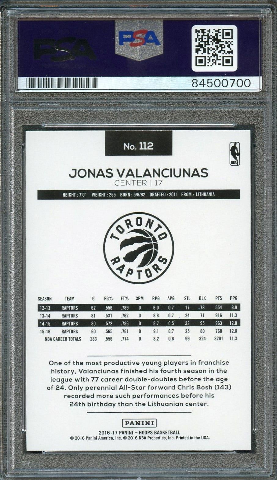 2016-17 NBA Hoops #112 Jonas Valanciunas Signed Card AUTO 10 PSA Slabbed Raptors