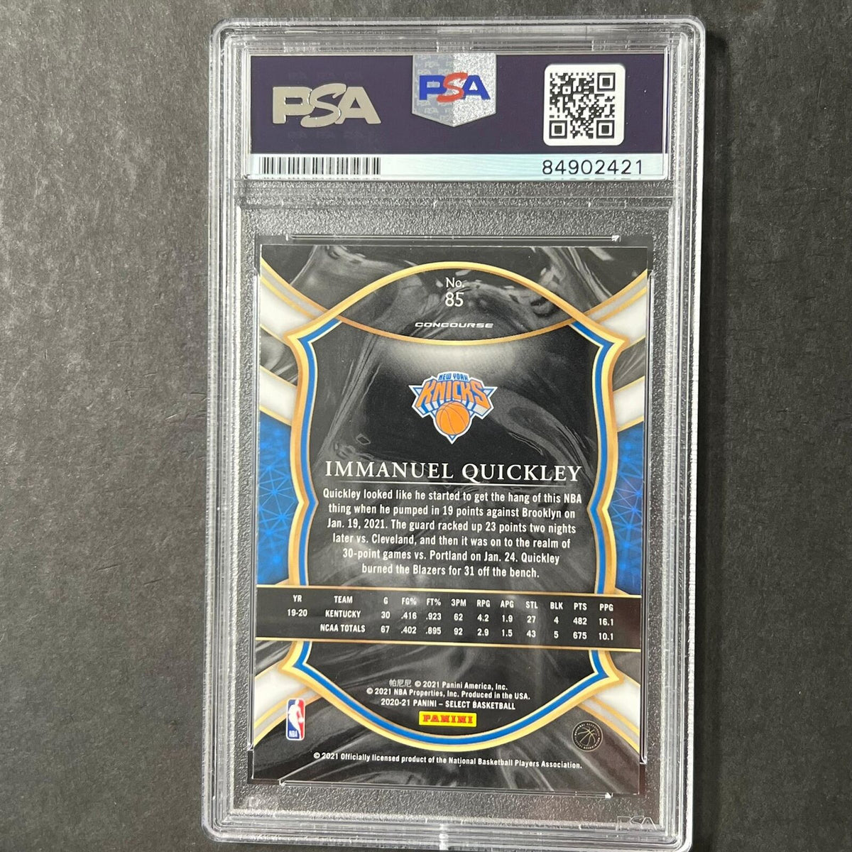 2020-2021 Panini Select #85 IMMANUEL QUICKLEY Signed Card PSA Slabbed RC Knicks