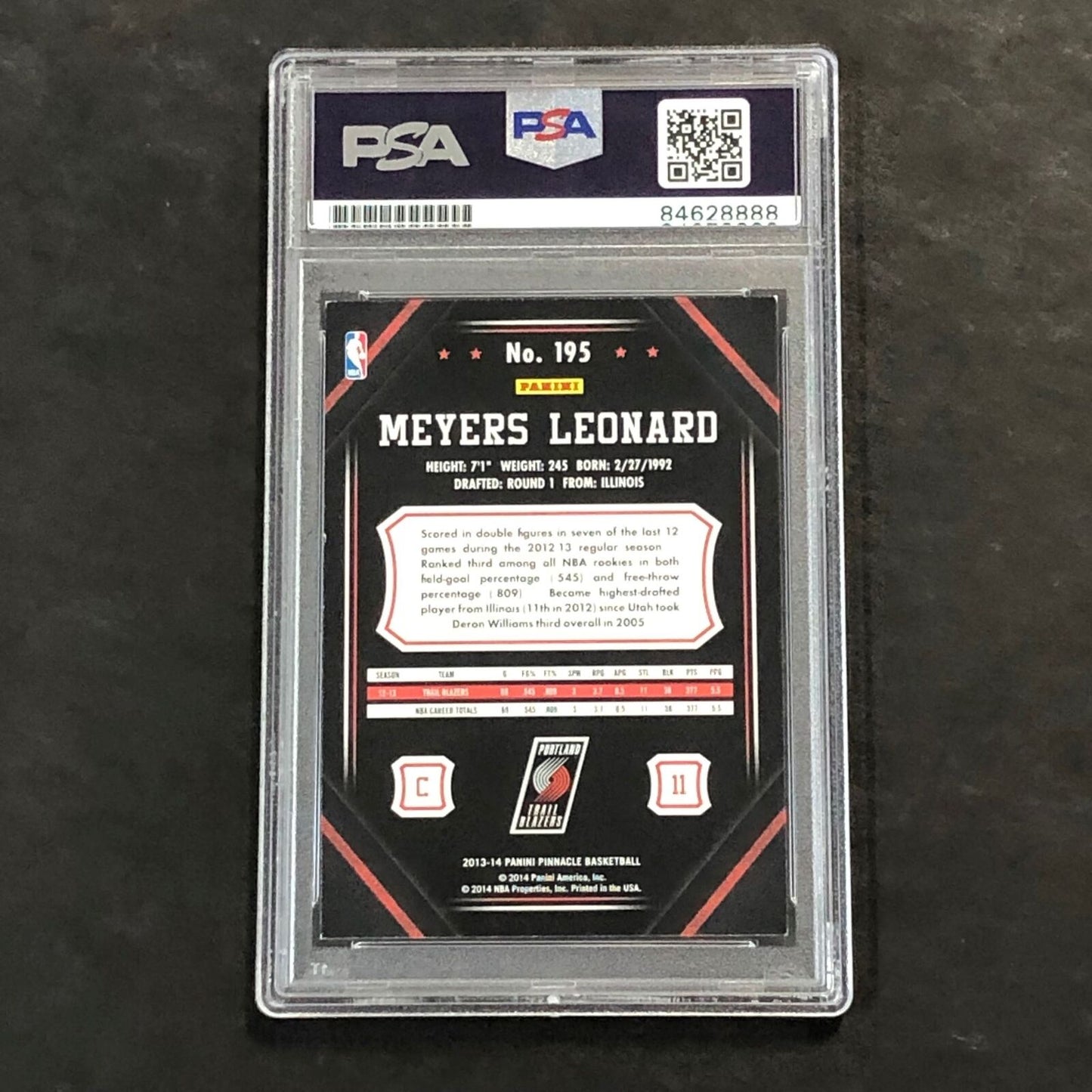 2013-14 Pinnacle Basketball #195 Meyers Leonard Signed Card AUTO 10 PSA Slabbed