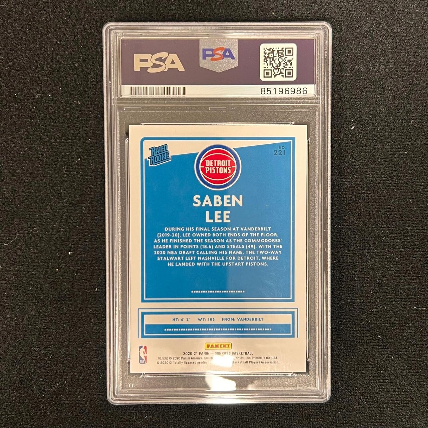 2020-21 Donruss Rated Rookie #221 Saben Lee Signed Card AUTO PSA Slab Pistons