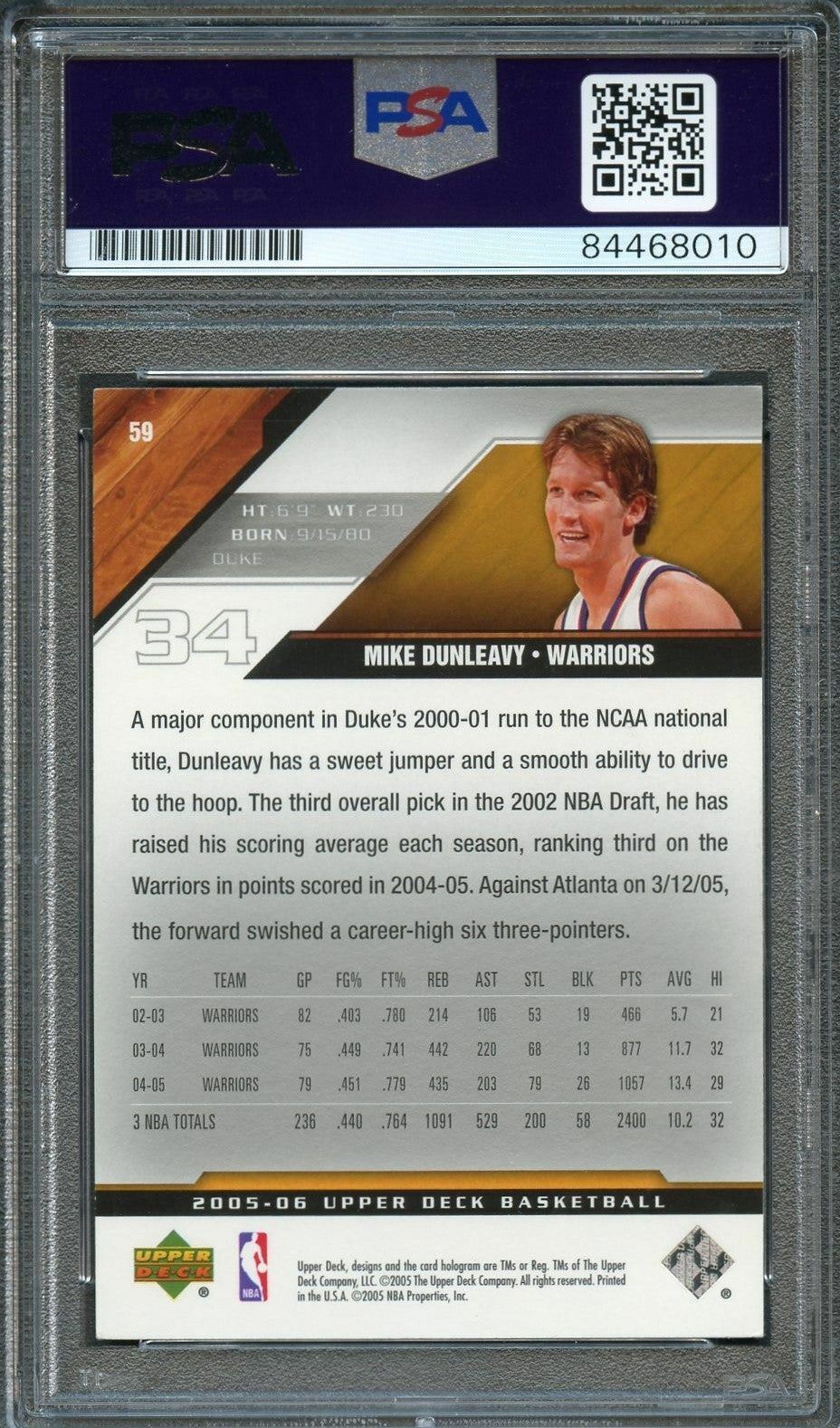 2005-06 Upper Deck #59 Mike Dunleavy Signed Card AUTO PSA Warriors