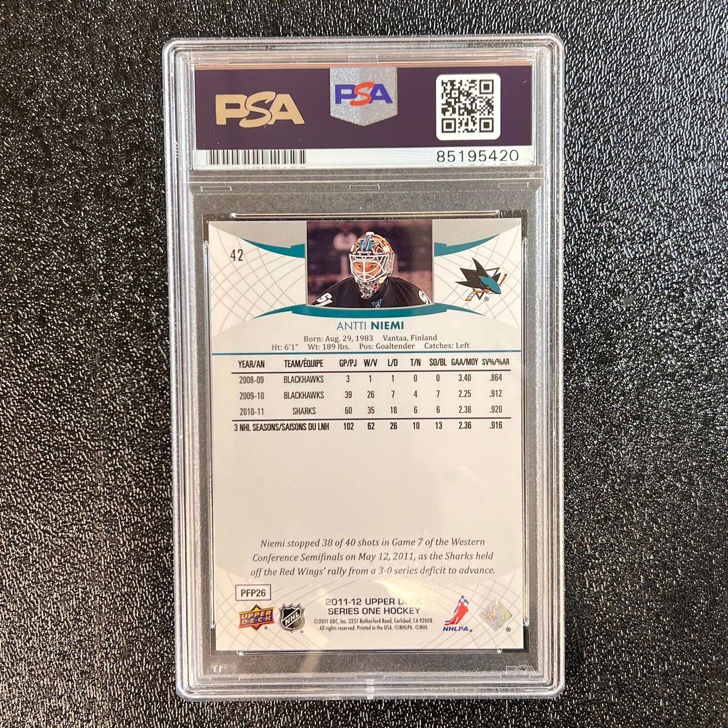 2011-12 Upper Deck #42 Antti Niemi signed card PSA/DNA Auto San Jose Sharks Slab