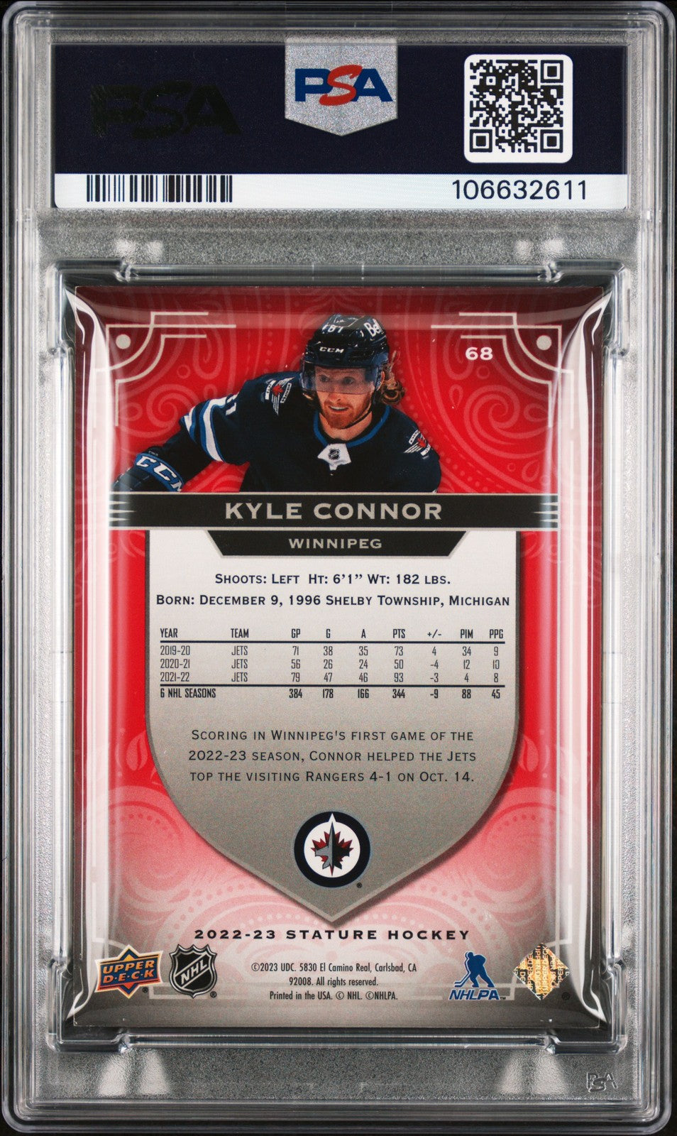 2022 Upper Deck Stature #68 Kyle Connor Red 08/75 signed card PSA 6 Auto 10