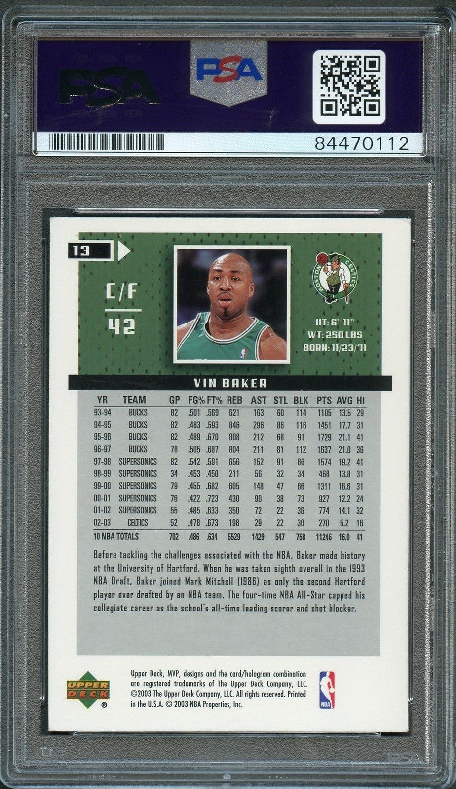 2003-04 Upper Deck MVP #13 Vin Baker Signed Card AUTO PSA/DNA Slabbed Celtics