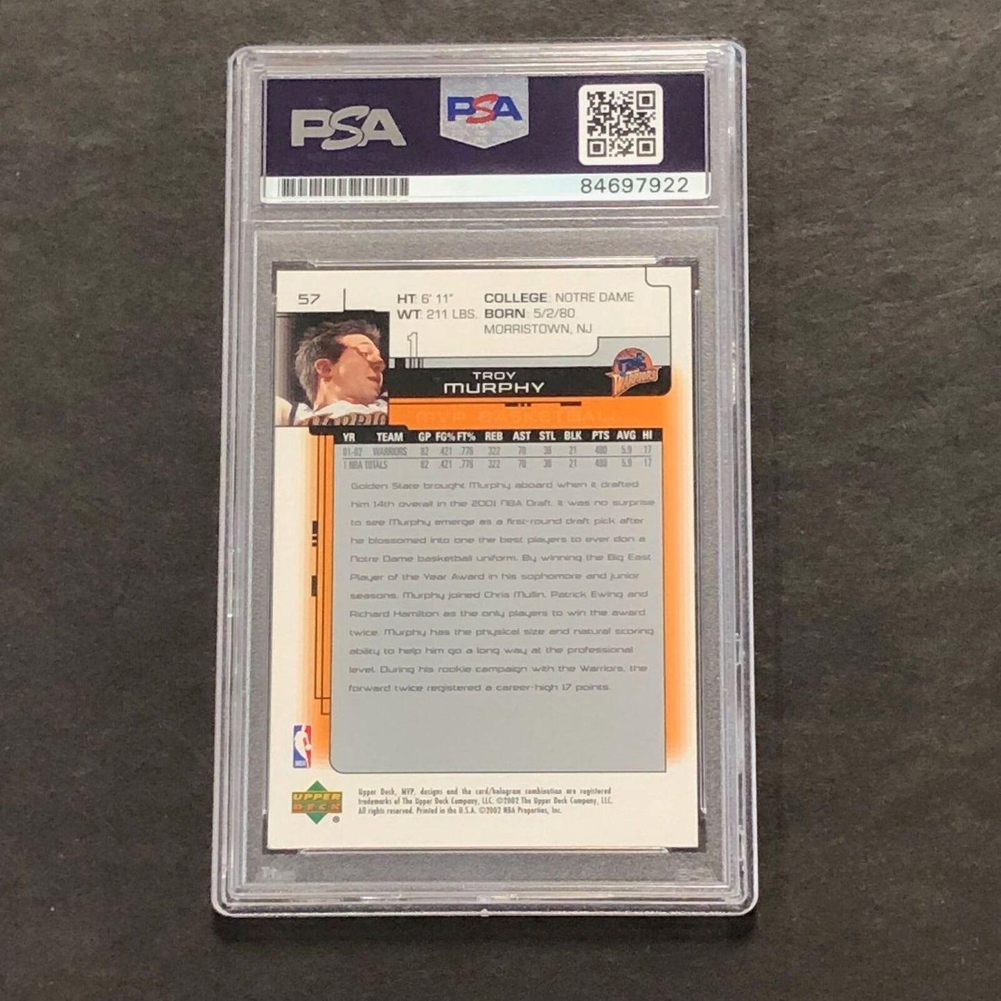2002-03 Upper Deck MVP #57 Troy Murphy Signed Card PSA Slabbed Warriors