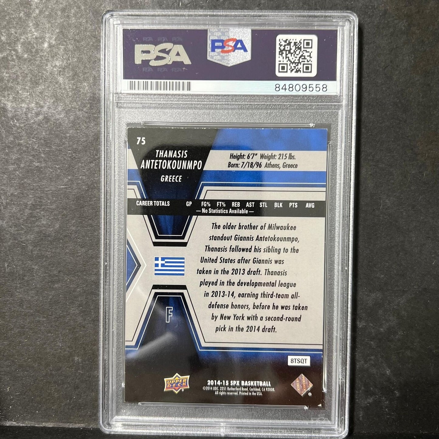 2014-15 Upper Deck SPX #75 Thanasis Antetokounmpo Signed Card AUTO PSA Slabbed B