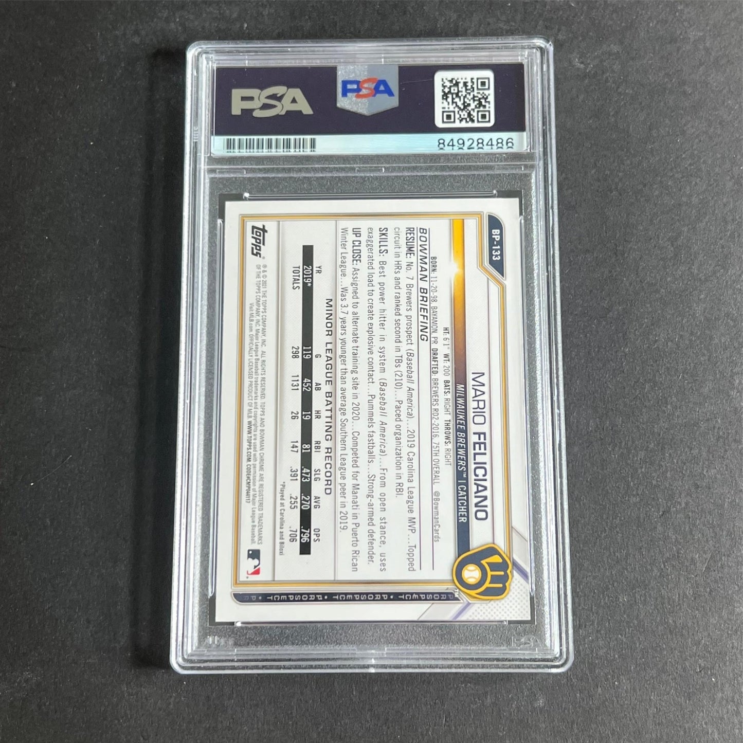 2021 Bowman Prospect #BP-133 Mario Feliciano Signed Card PSA Slabbed Auto Brewer