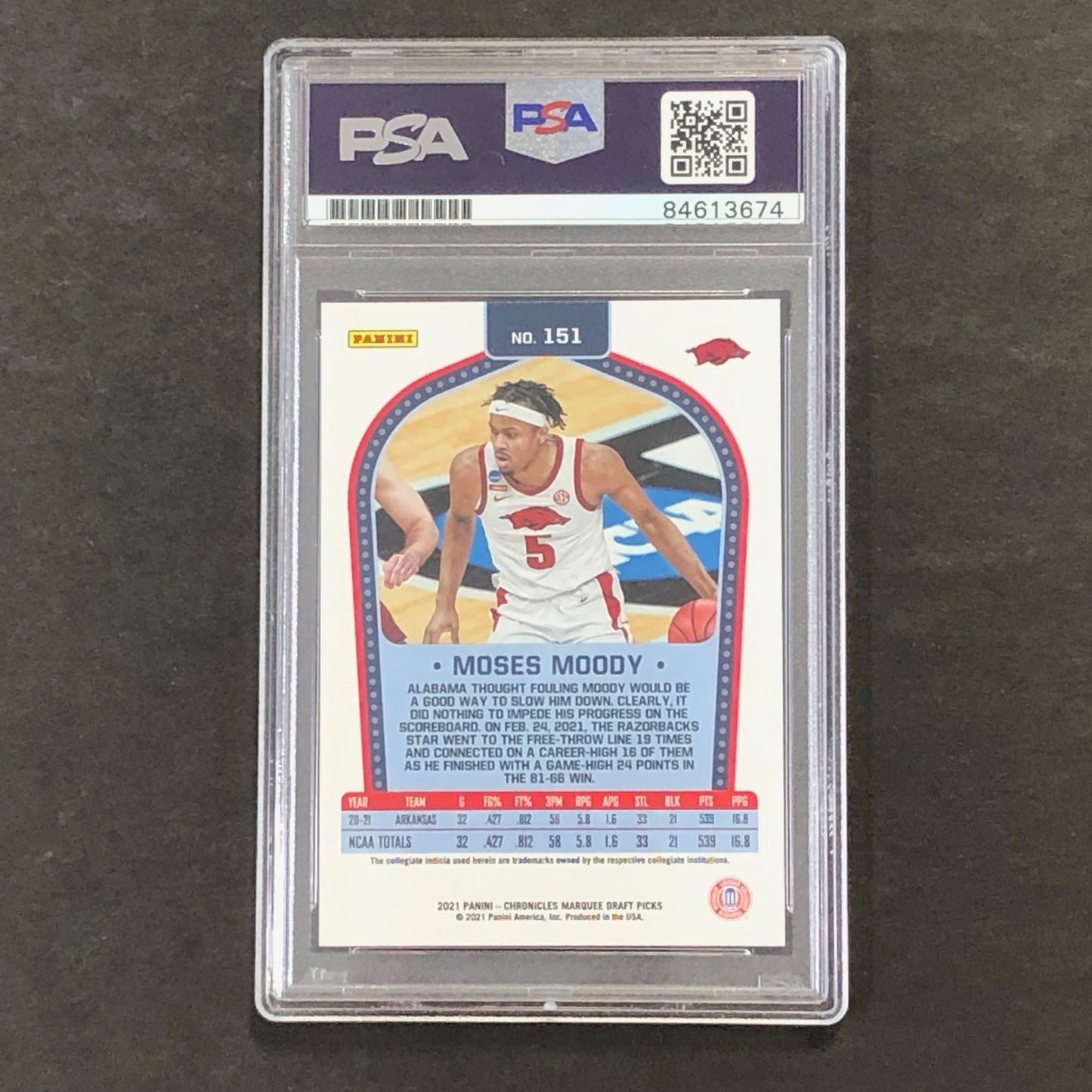 2021-22 Panini Marquee #151 Moses Moody Signed Card AUTO PSA Slabbed Arkansas Ra