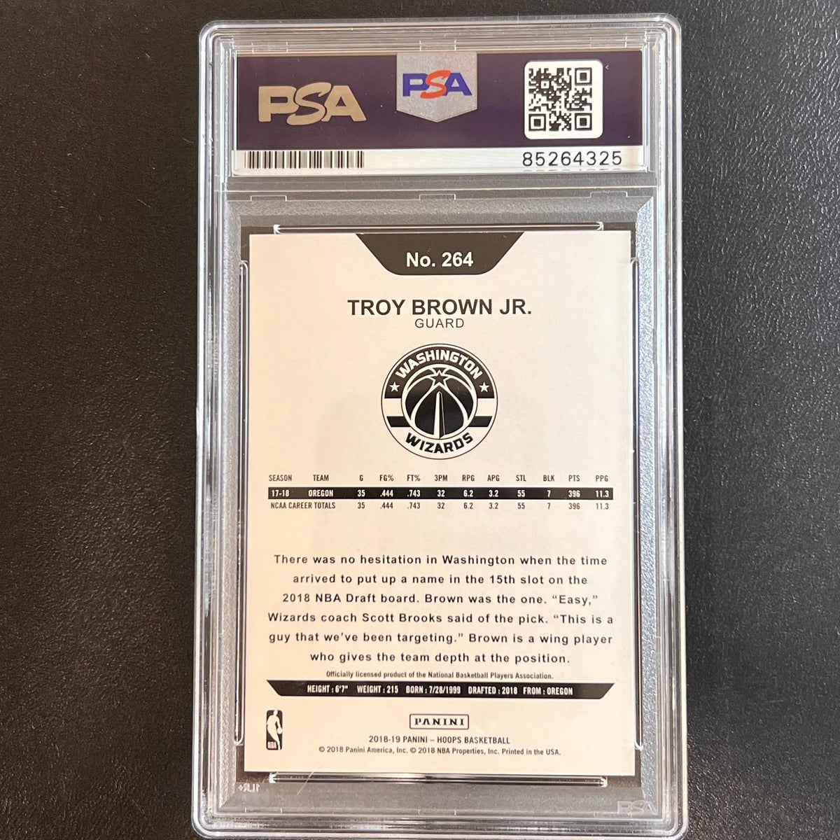 2018-19 Panini NBA Hoops #264 TROY BROWN JR. Signed Card AUTO PSA RC Slabbed Wiz