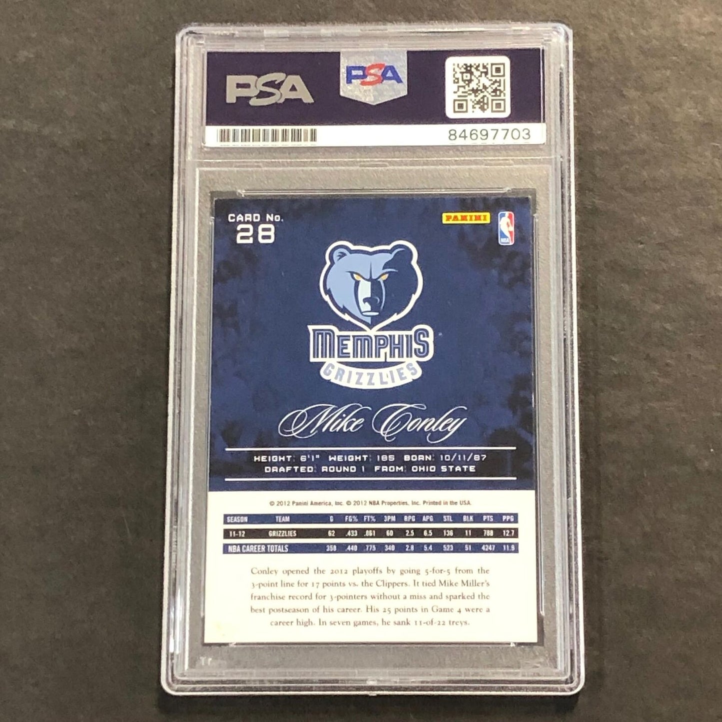 2012-13 Panini Prestige #28 Mike Conley signed Auto Card PSA/DNA Slabbed Grizzli