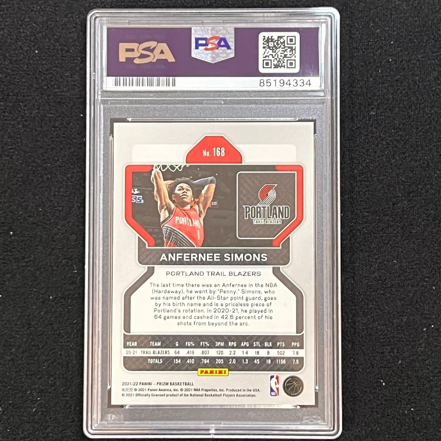2021-22 Panini Prizm #168 ANFERNEE SIMONS Signed Card AUTO PSA Slabbed Blazers