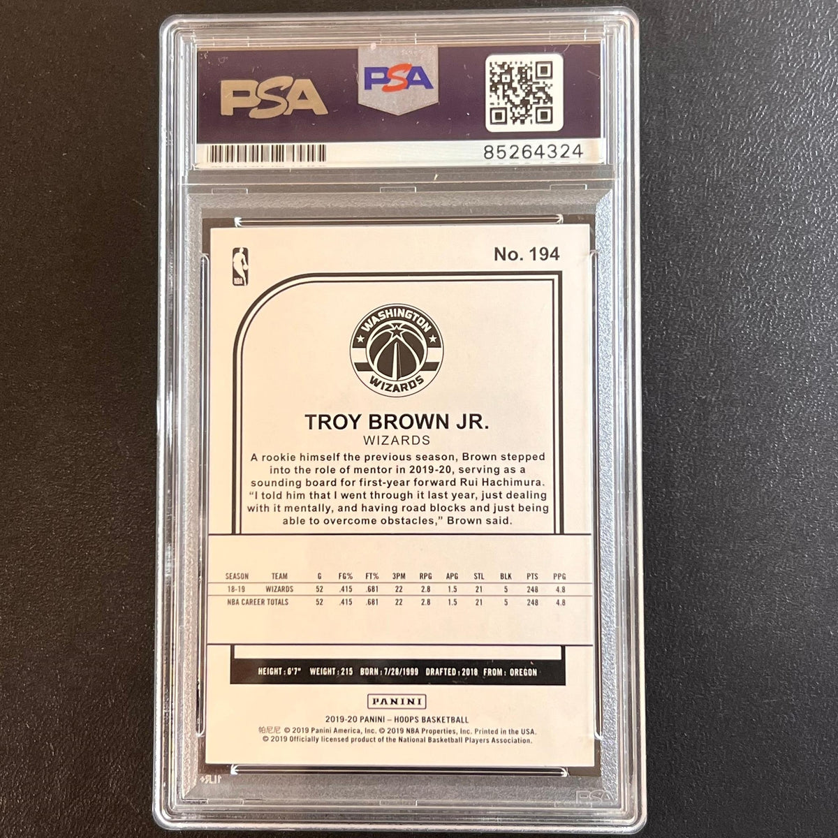 2019-20 NBA Hoops #194 TROY BROWN JR. Signed Card AUTO PSA Slabbed Wizards
