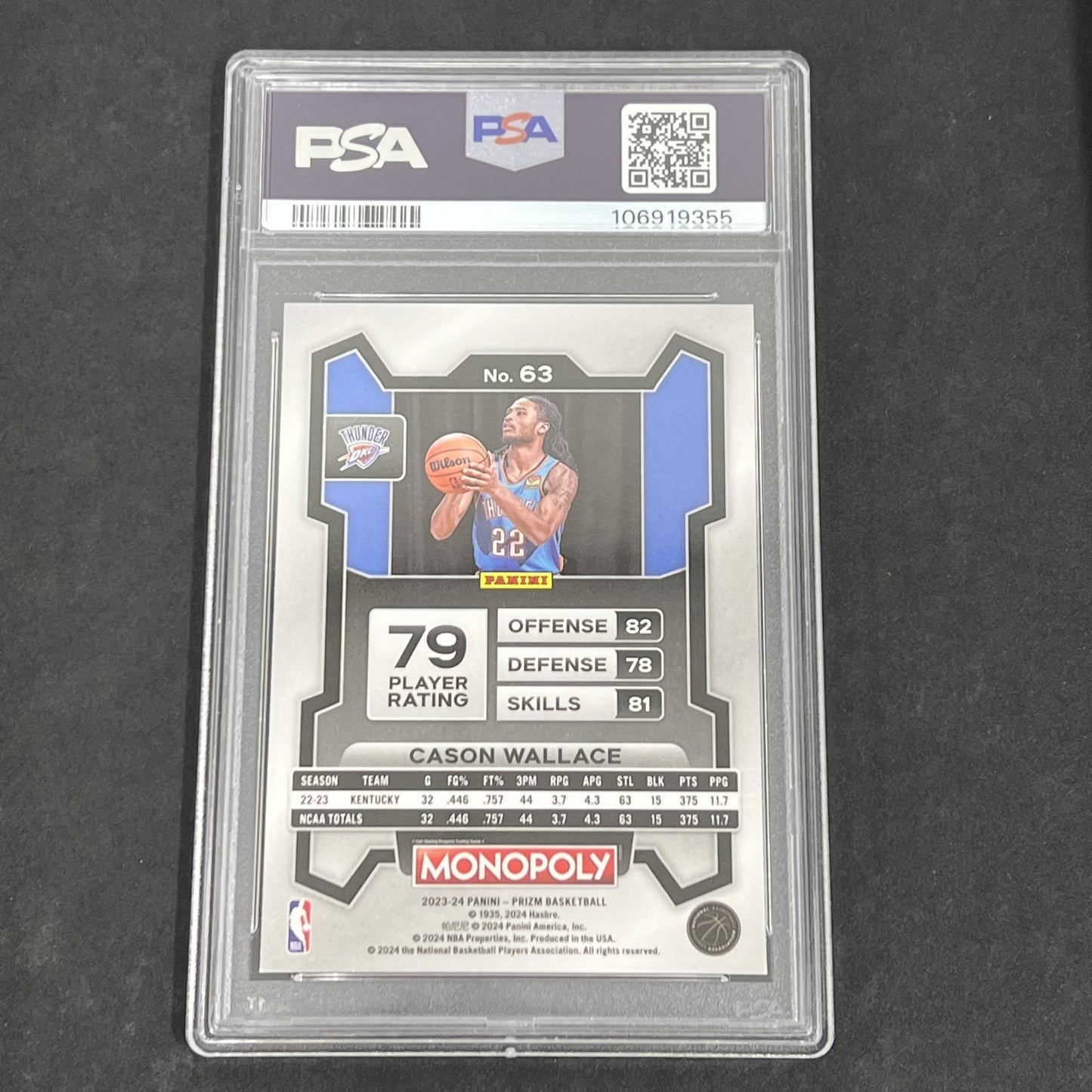2023 Panini Prizm Monopoly #63 Cason Wallace signed card PSA 9 Auto A Thunder