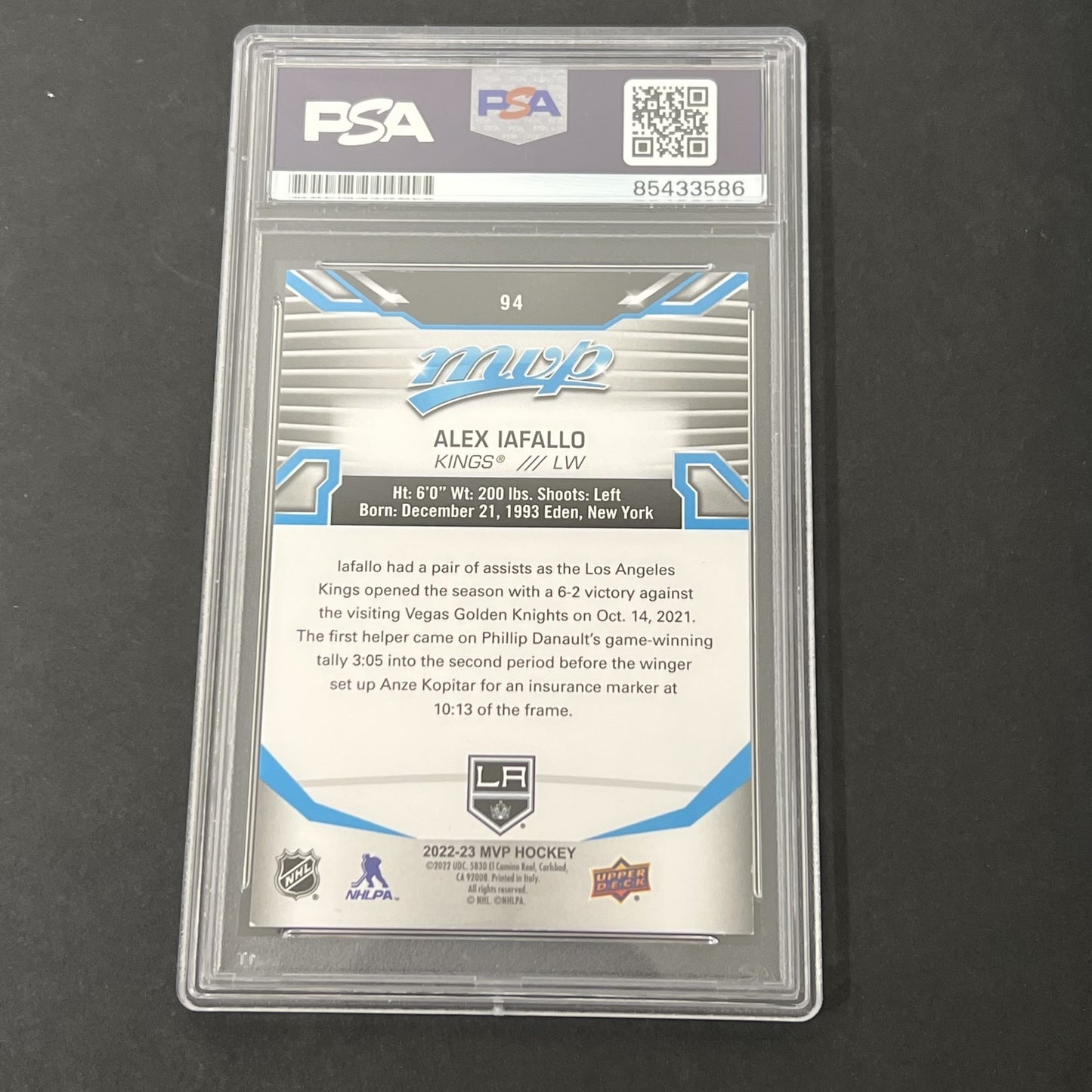 2022-2023 Upper Deck MVP Hockey #94 Alex Iafallo signed card PSA Auto 10