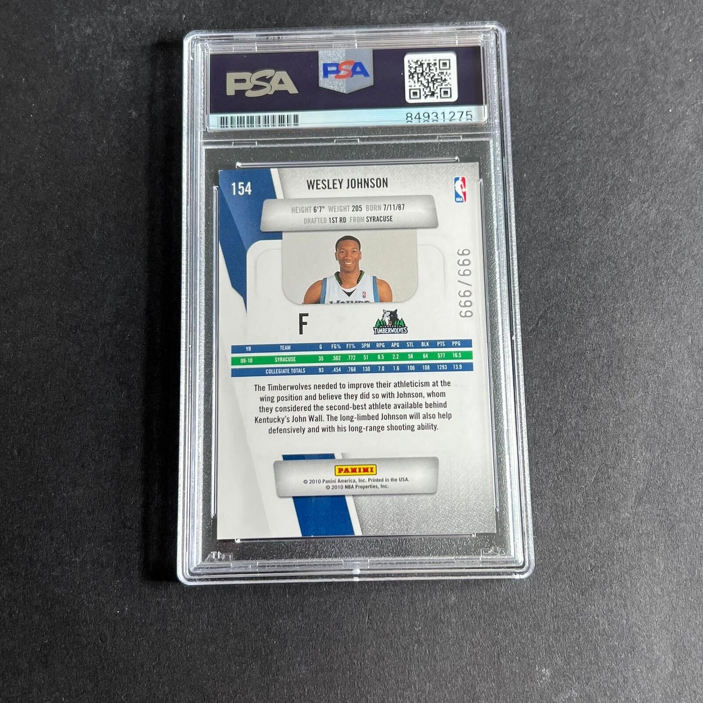 2010-11 Panini Prestige #154 Wesley Johnson Signed Card Auto PSA Slabbed RC Timb