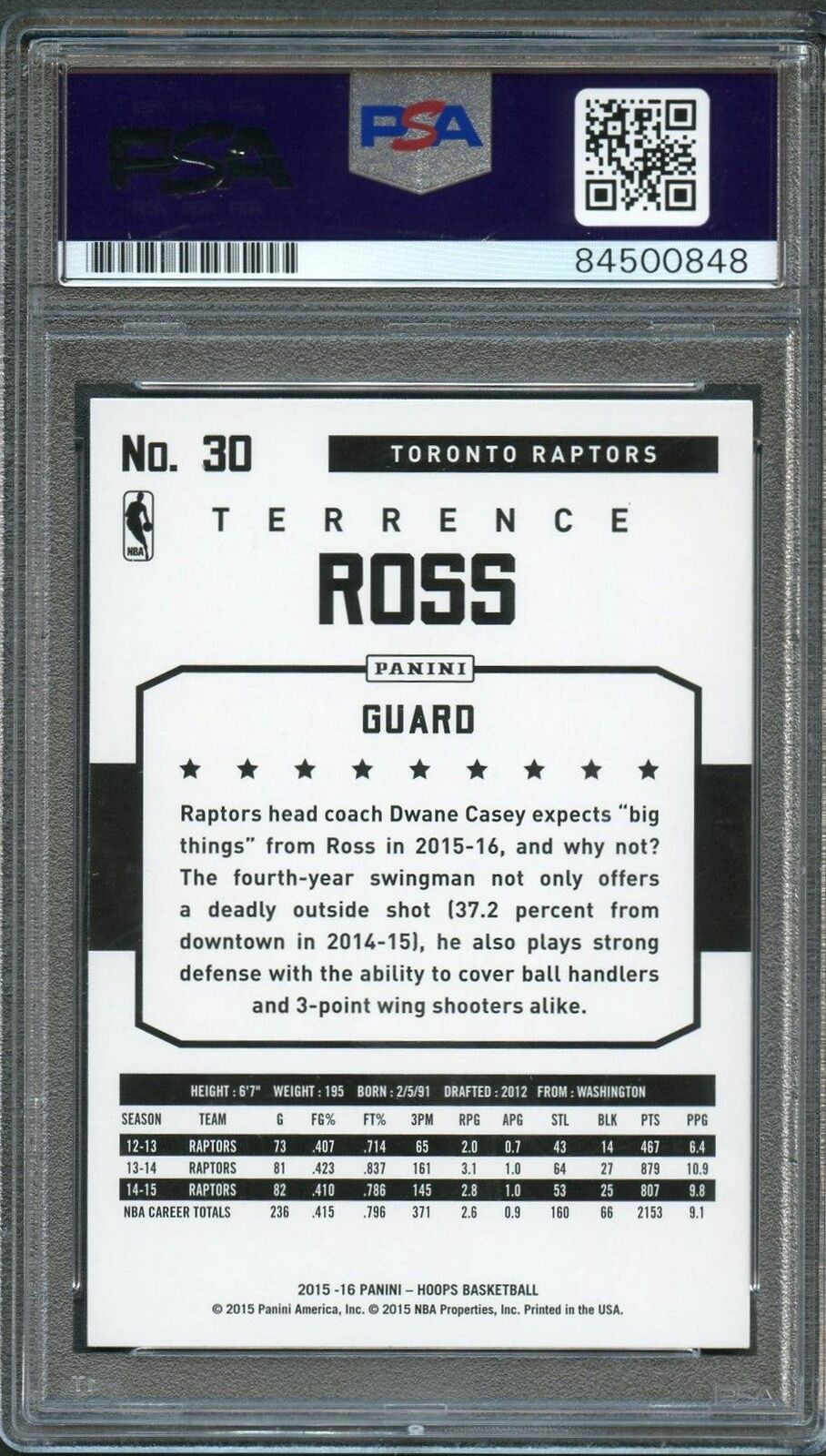 2015-16 NBA Hoops #30 Terrence Ross Signed Card AUTO 10 PSA Slabbed Raptors