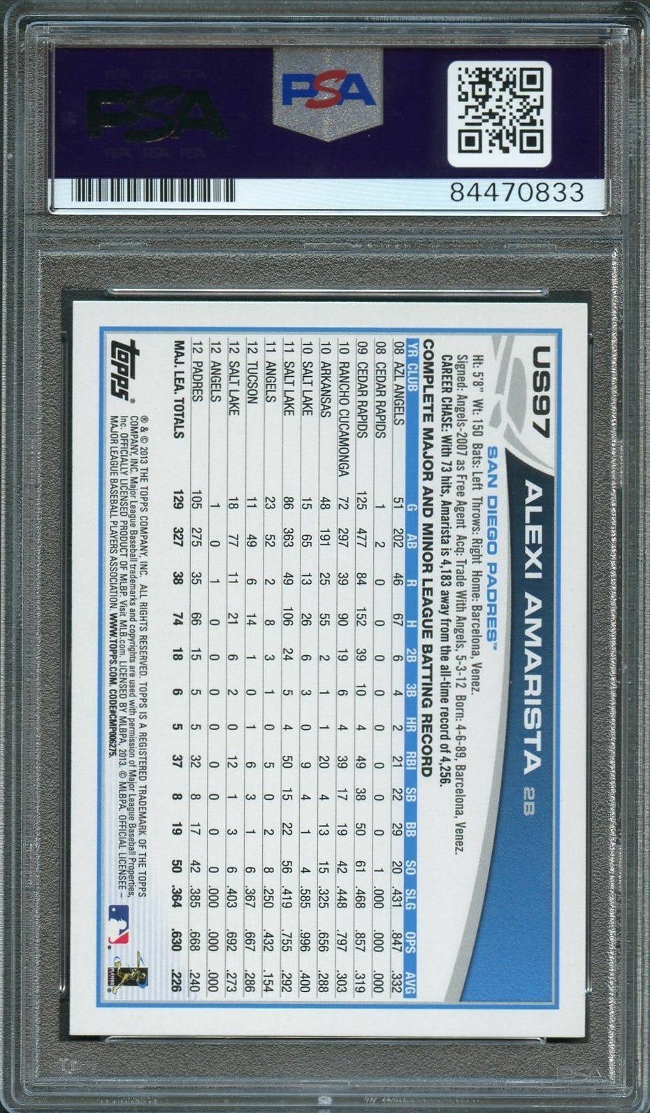 2013 Topps Update #US97 Alexi Amarista Signed Card PSA Slabbed Auto 10 Padres