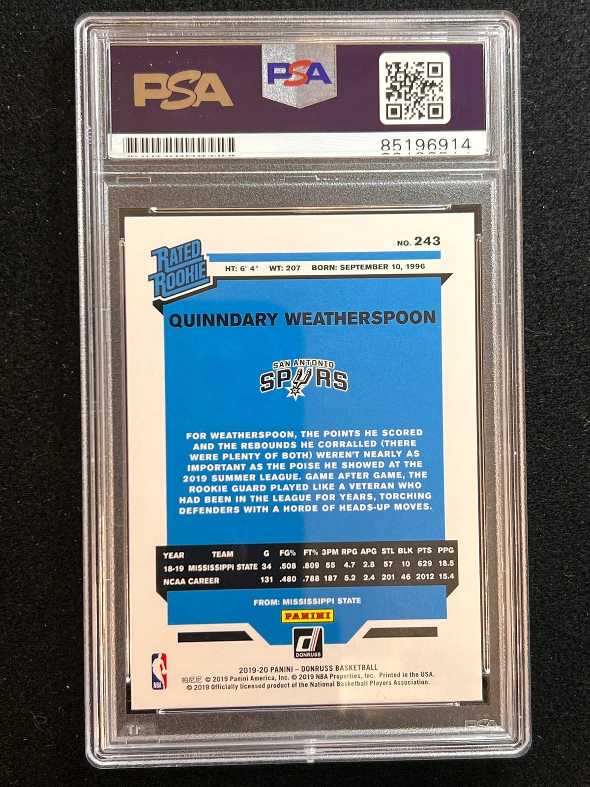 2019-20 Panini Mosaic #243 Quinndary Weatherspoon Signed Card AUTO PSA/DNA Slabb