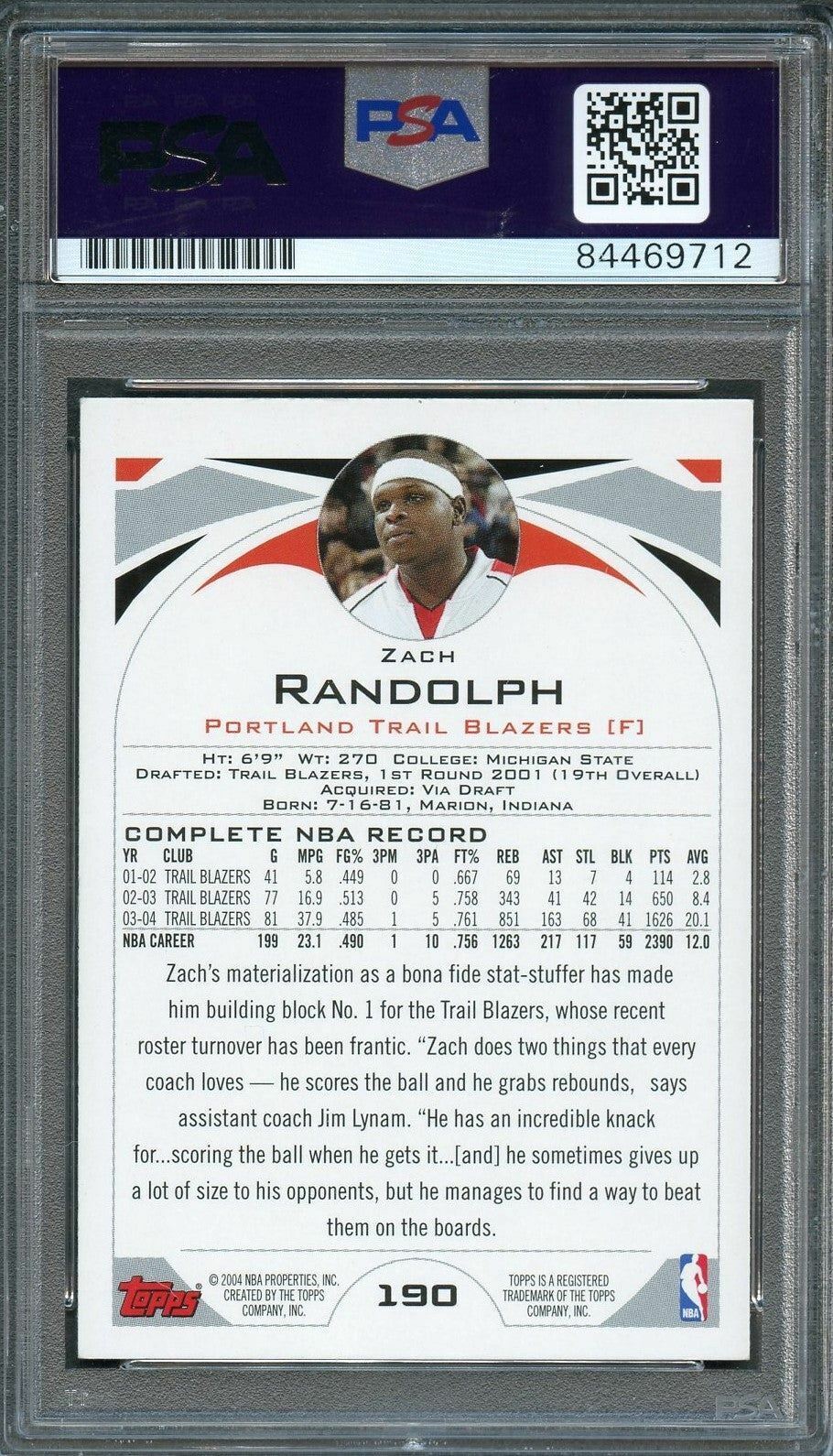 2004 Topps #190 Zach Randolph signed Card Auto PSA Slabbed Trailblazers