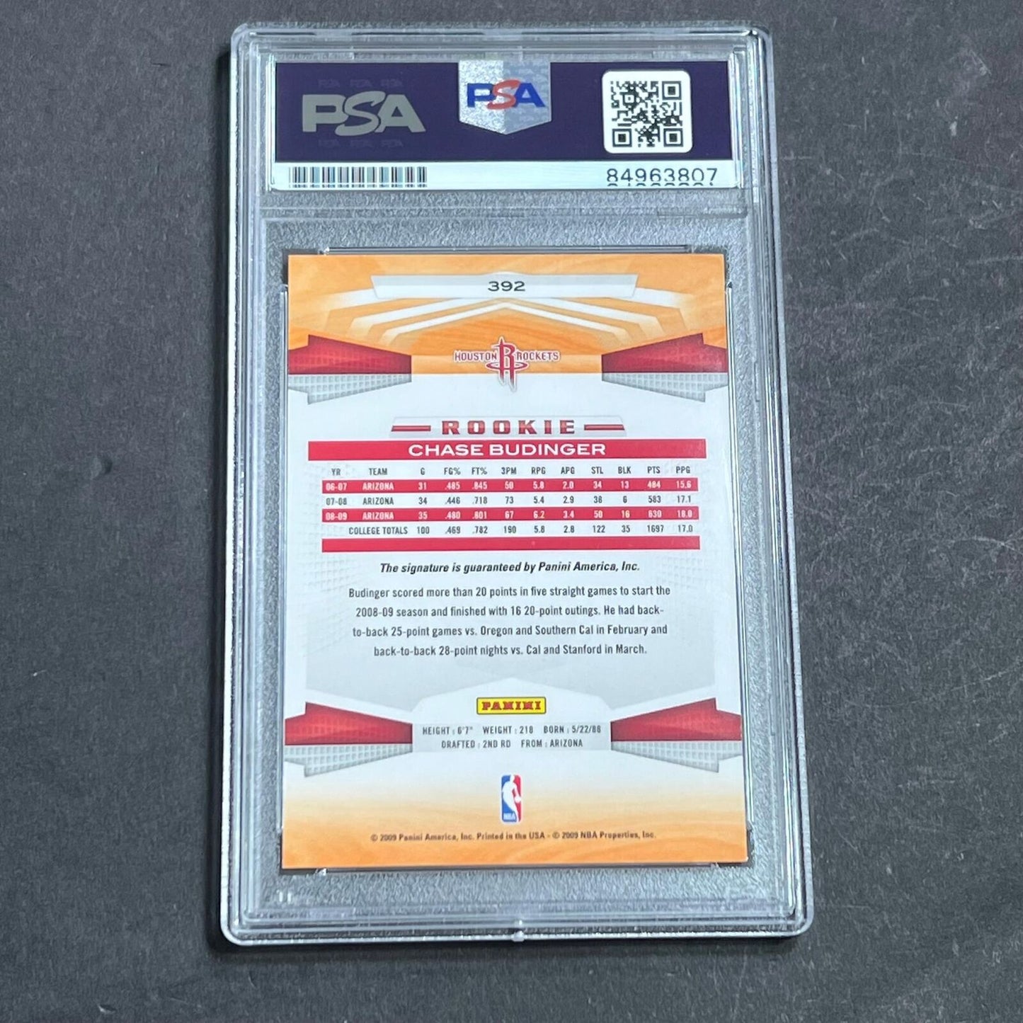 2008-09 Panini Prizm #392 Chase Budinger Signed Card AUTO PSA Slabbed Rockets