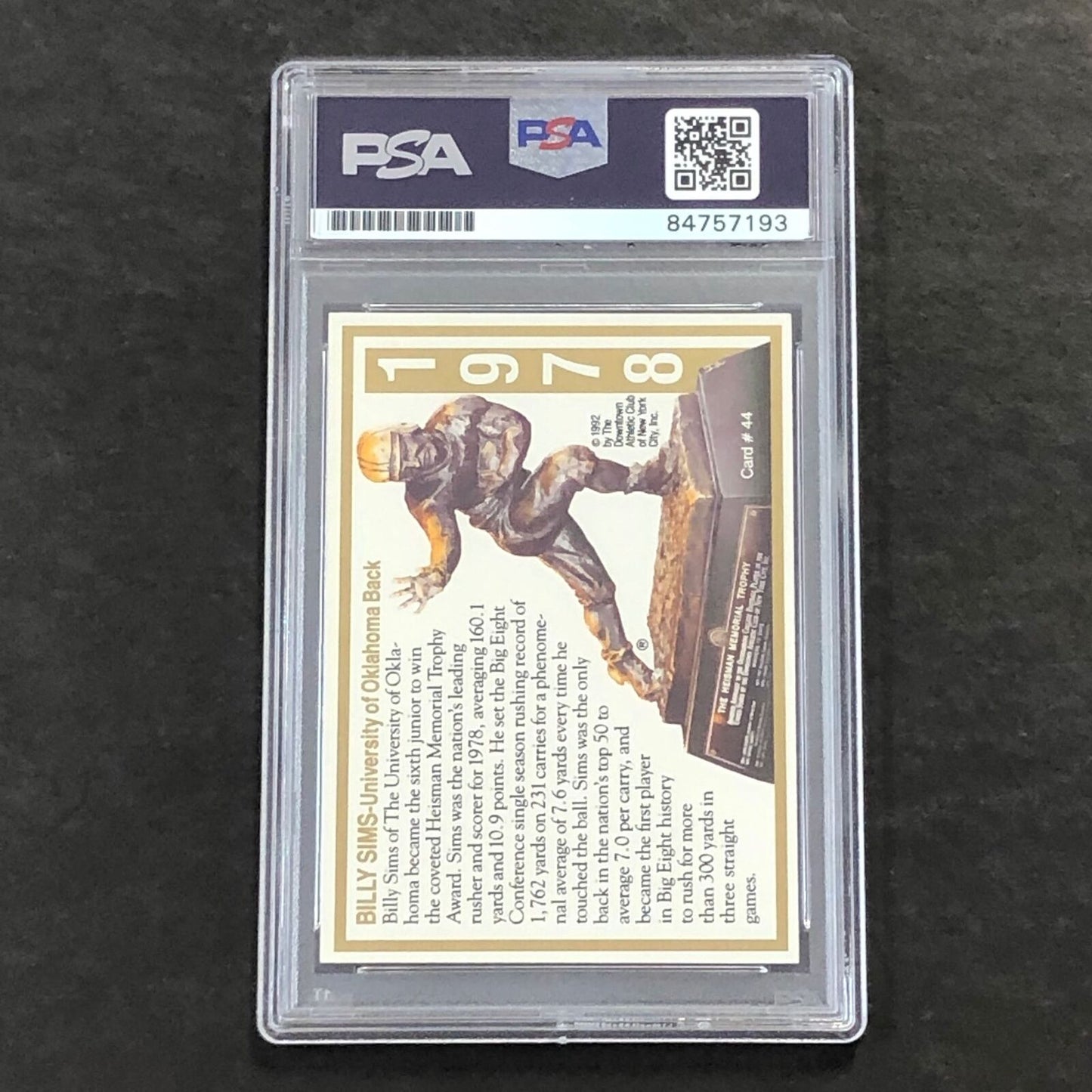 1992 Football Card #44 Billy Sims Signed Card PSA Slabbed Auto GRADE 10 Oklahoma