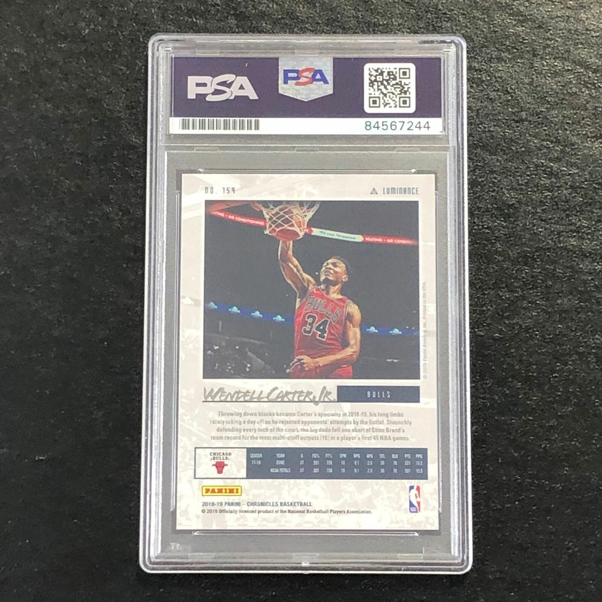 2018-19 Panini Chronicles Luminance #154 Wendell Carter Jr. Signed Card AUTO 10