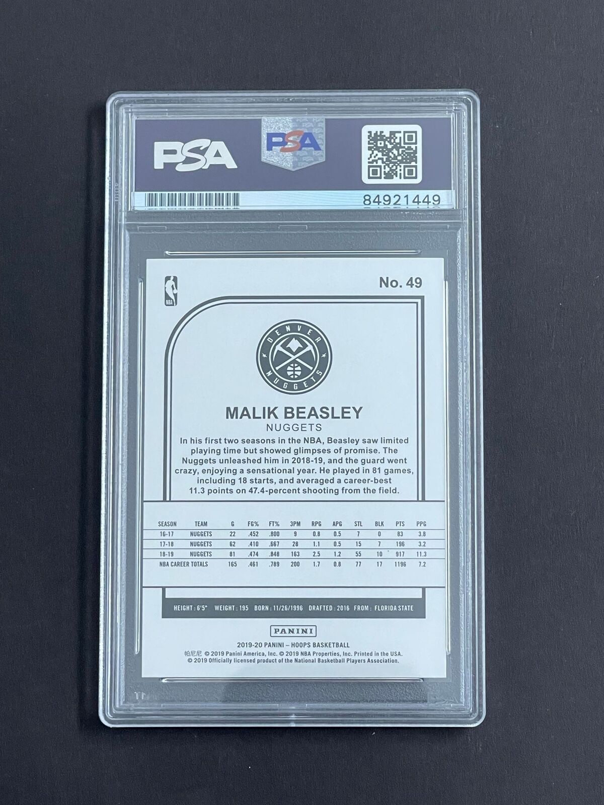 2019-20 NBA Hoops #49 Malik Beasley Signed Card Auto Grade 10 PSA Slabbed Lakers