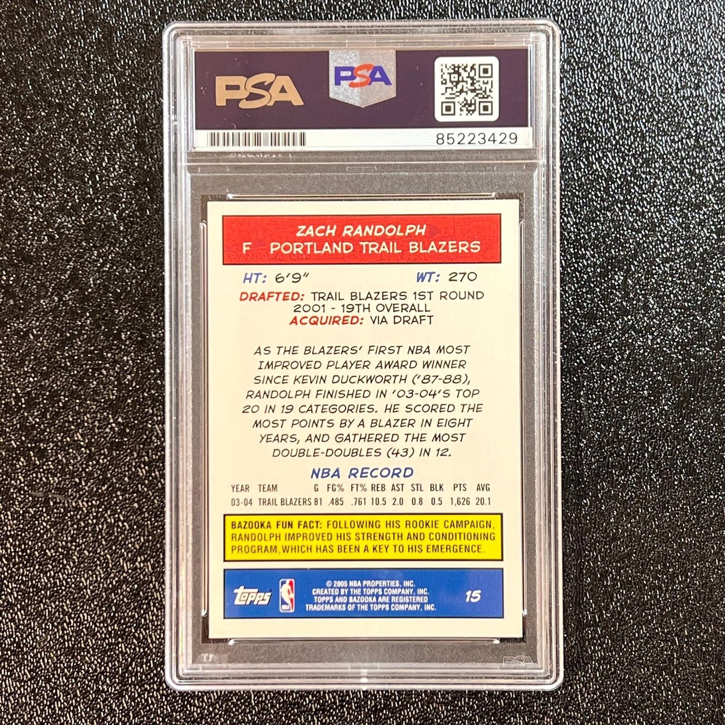 2004-05 Topps Bazooka #15 Zach Randolph Signed Card Auto PSA Slabbed Trailblazer