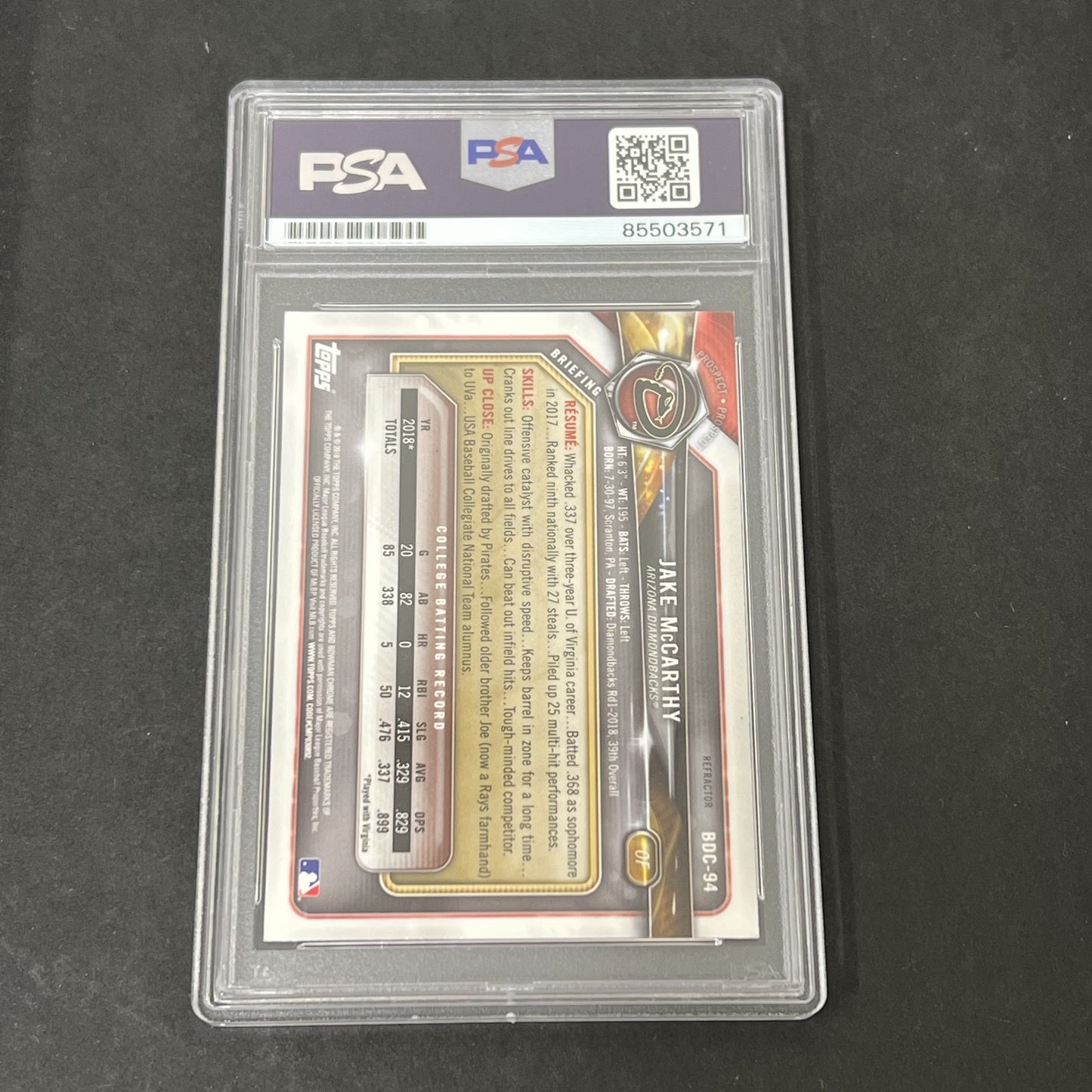 2019 Bowman Chrome #BDC-94 Jake McCarthy signed card