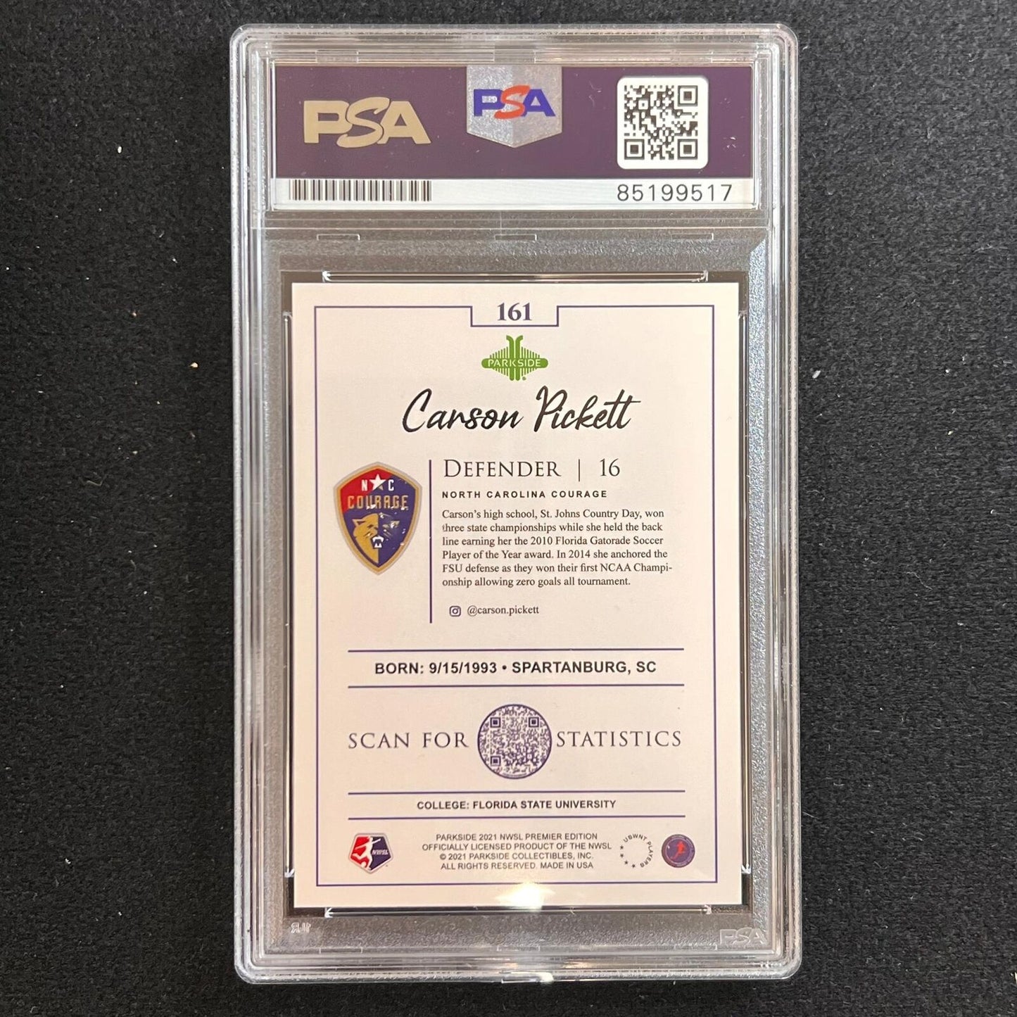2021 Parkside NWSL Premier Edition #161 Carson Pickett signed Card PSA/DNA AUTO