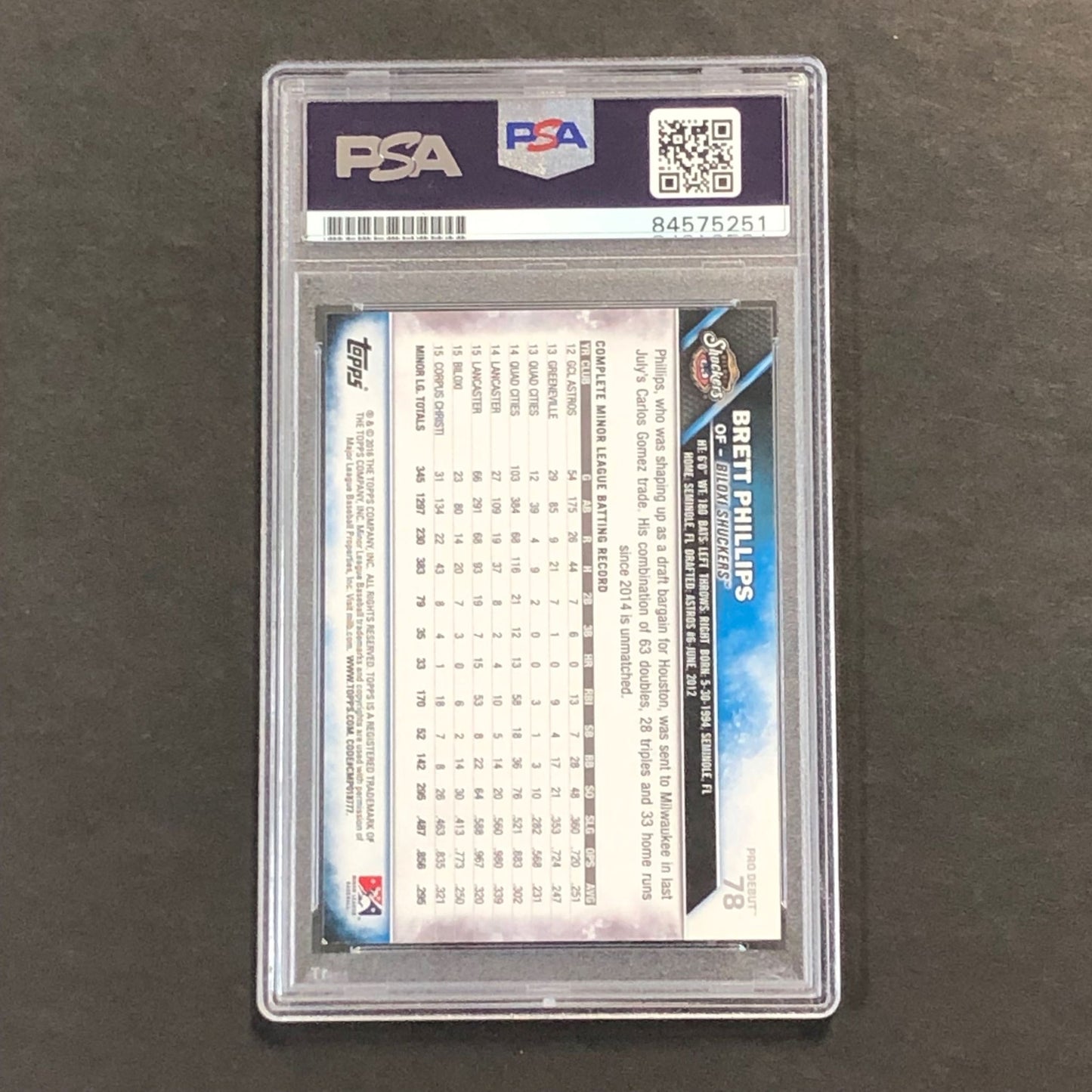 2016 Topps MiLB #78 Brett Phillips Signed Card AUTO PSA Slabbed Shuckers