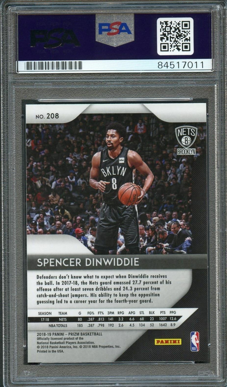 2018-19 Panini Prizm #208 Spencer Dinwiddie Signed Card AUTO 10 PSA Slabbed Nets