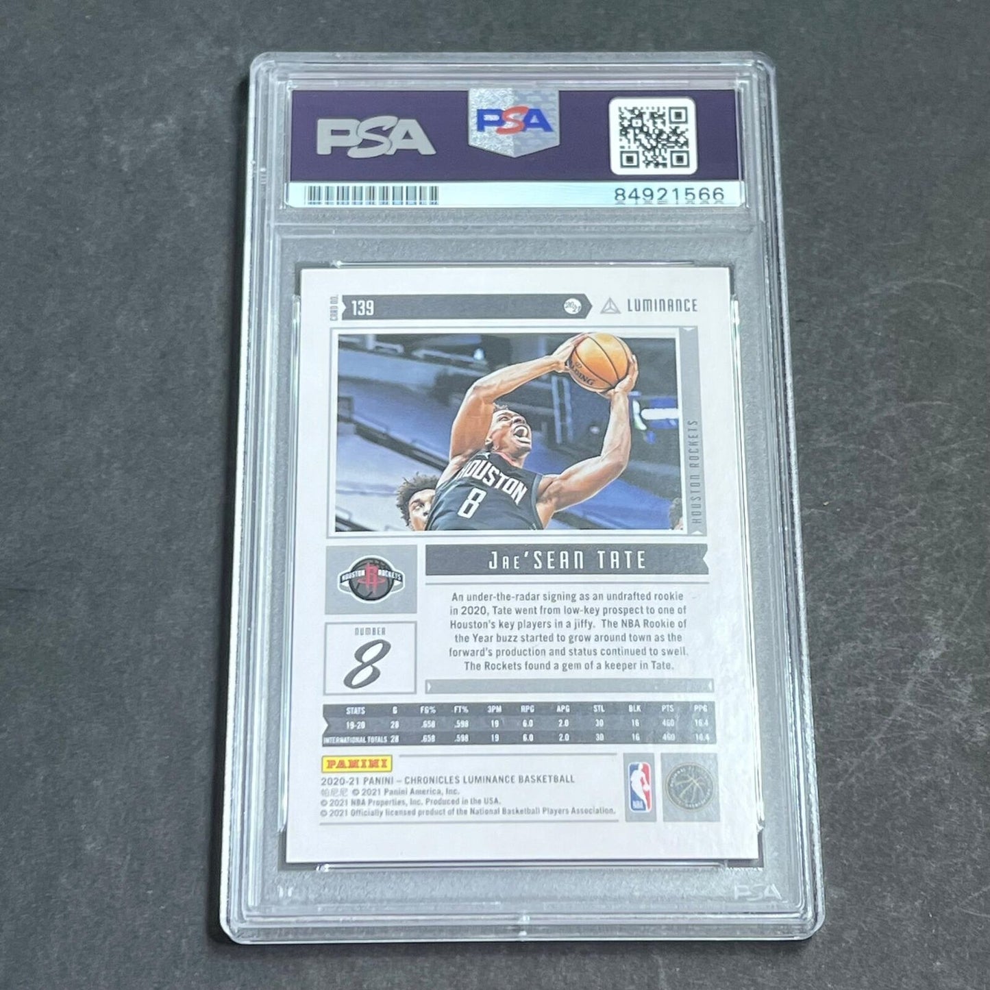 2020-21 Panini Chronicles Luminance #139 JAE'SEAN TATE Signed Card AUTO 10 PSA S