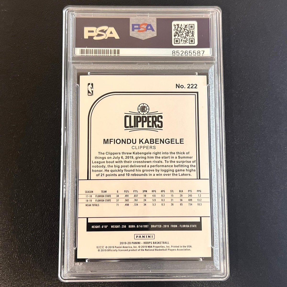 2019-20 Panini Hoops #222 Mfiondu Kabengele Signed Card AUTO PSA Slabbed Clipper