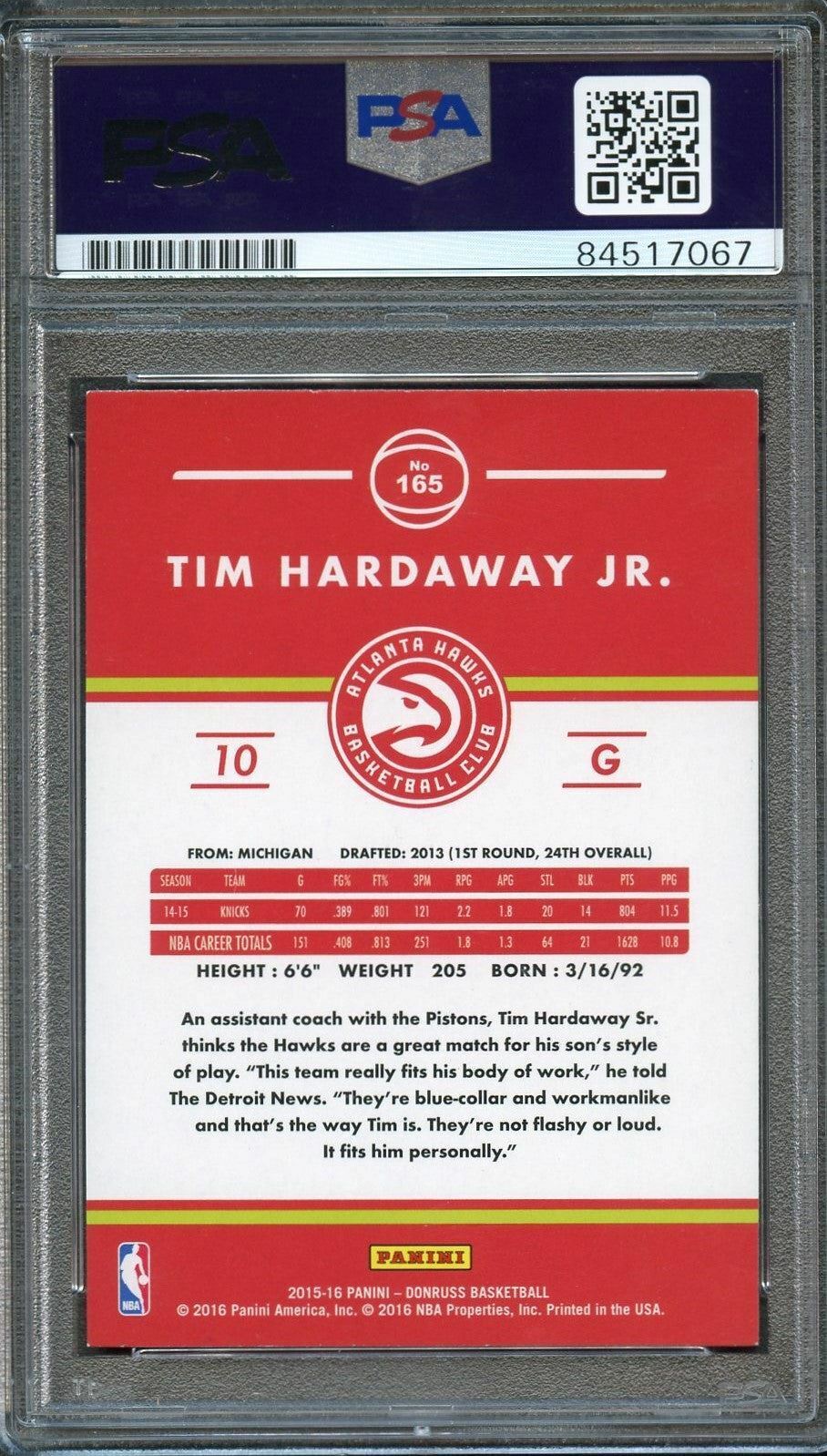 2015-16 Donruss #165 Tim Hardaway Jr. Signed Card AUTO 10 PSA Slabbed Hawks