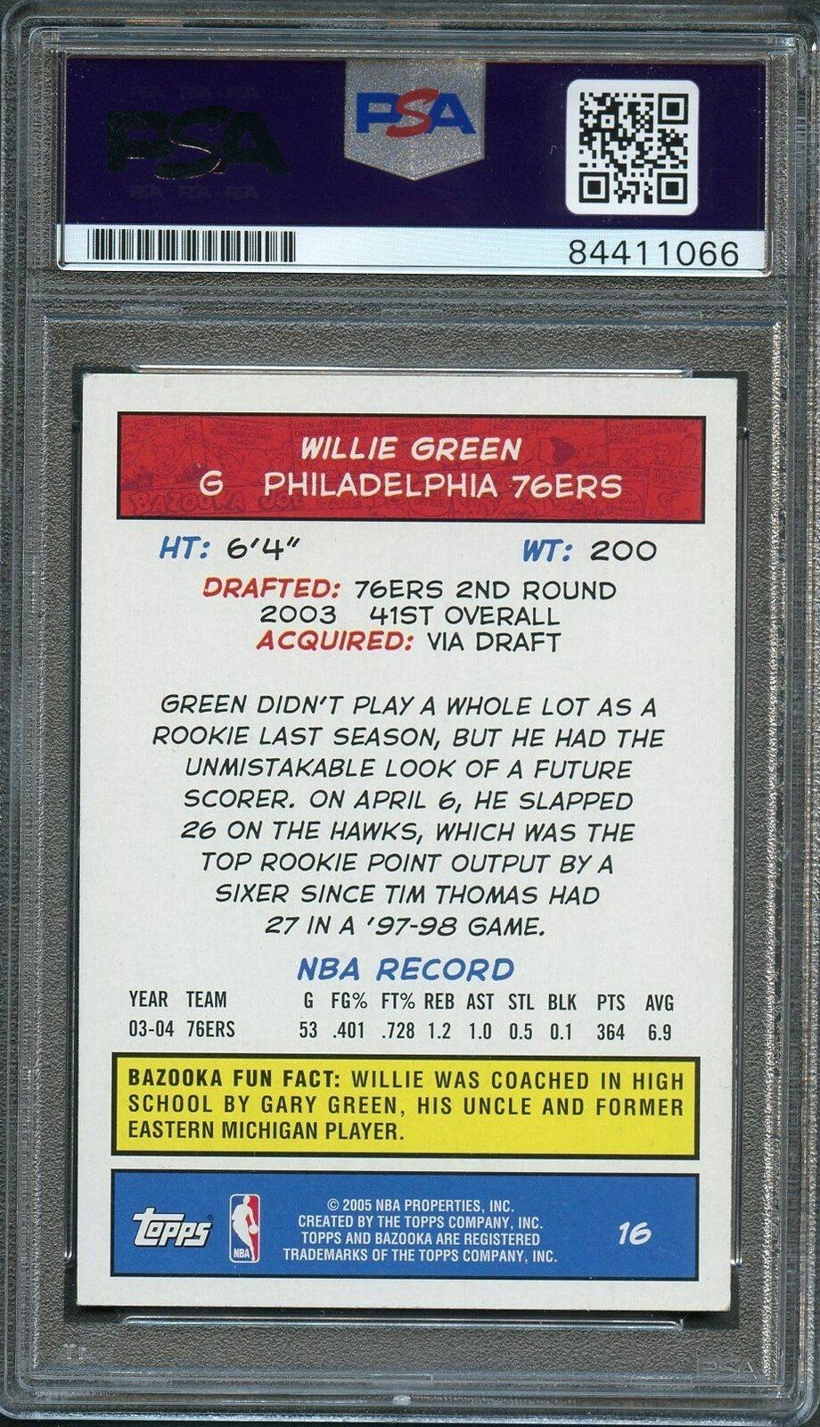 2004-05 Topps Bazooka #16 Willie Green Signed Card AUTO 10 PSA Slabbed 76ers