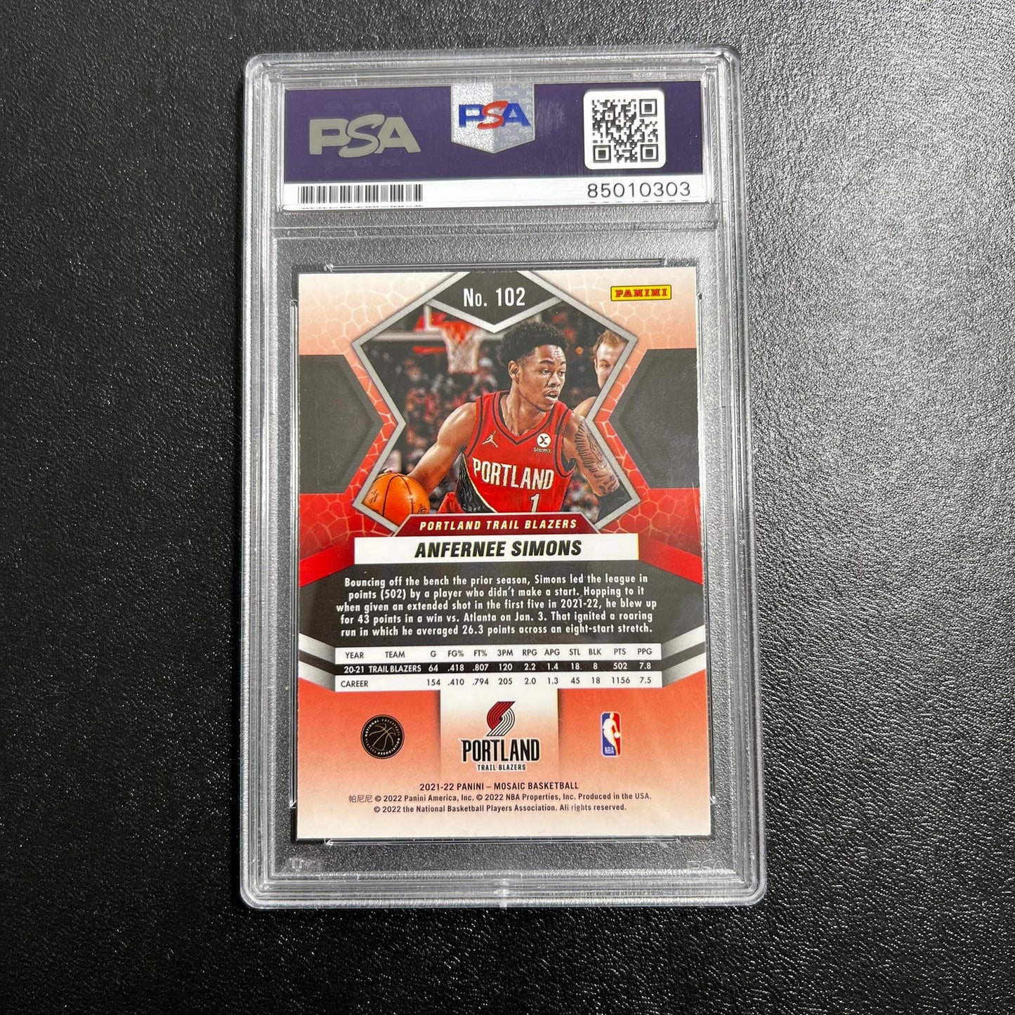 2021-2022 Panini Mosaic #102 ANFERNEE SIMONS Signed AUTO PSA Slabbed Blazers